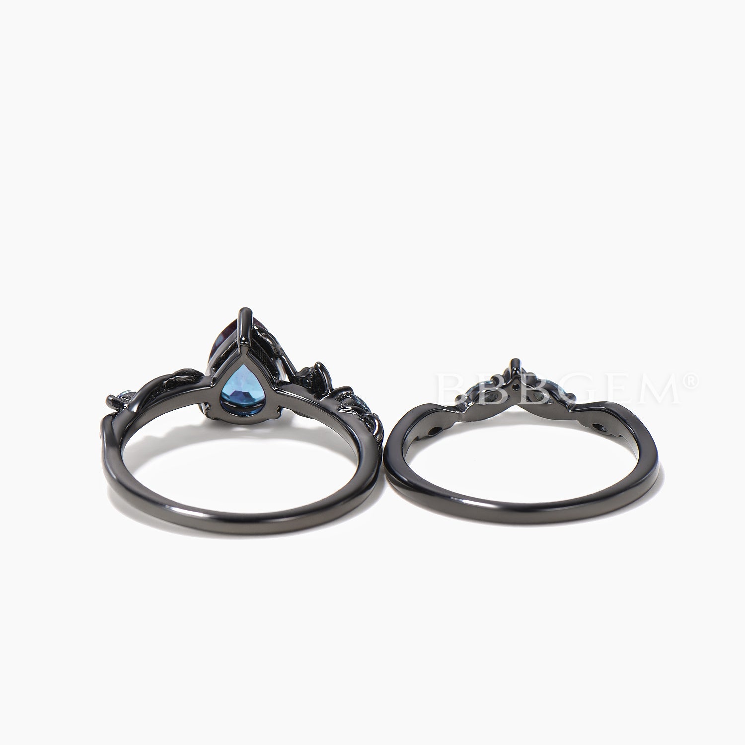 Teardrop Color Changing Alexandrite Bridal Ring Set - Black Gold Twisted Nature Inspired Wedding Band for Engagement, Anniversary & Special Occasions