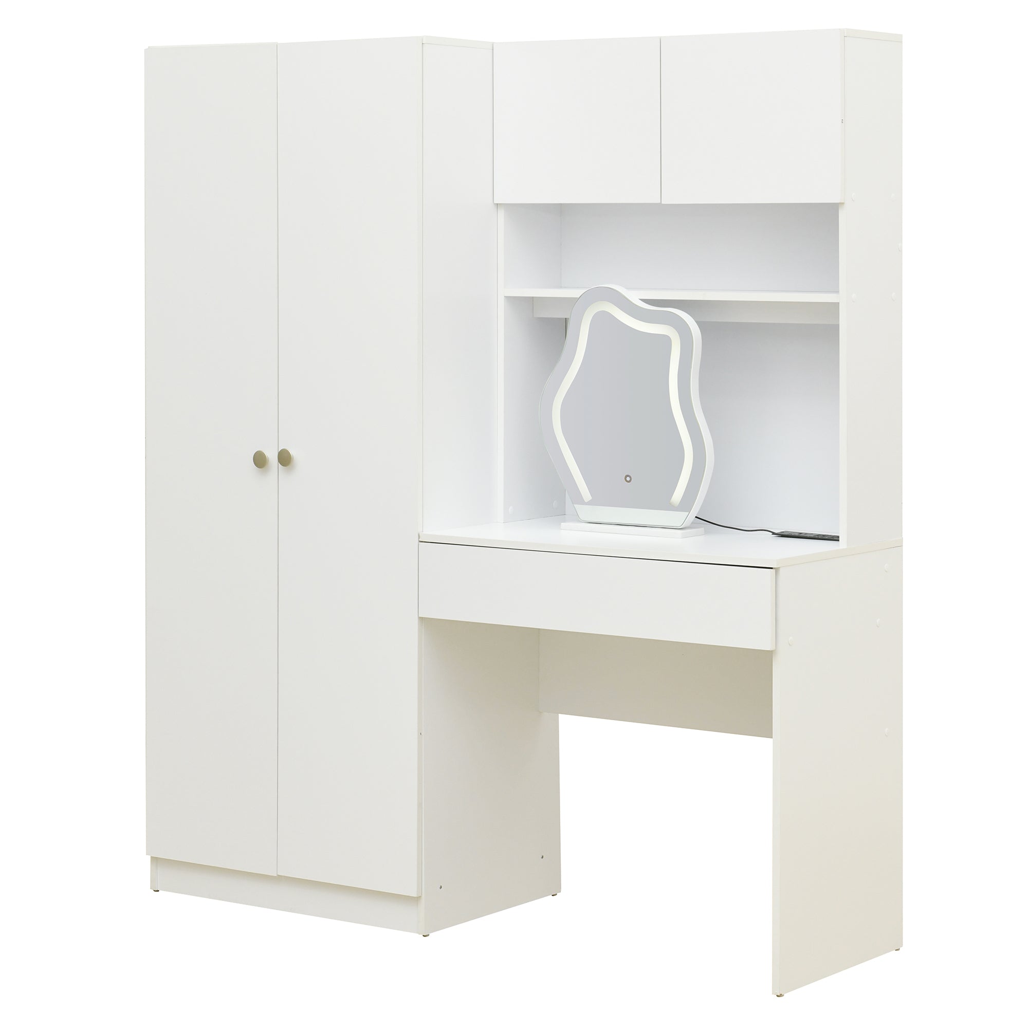 White 2-Door Wooden Storage Vanity Wardrobe with Makeup Mirror & Drawers - Bedroom Organizer for Clothes, Jewelry & Cosmetics | Perfect for Small Spaces & Master Bedrooms