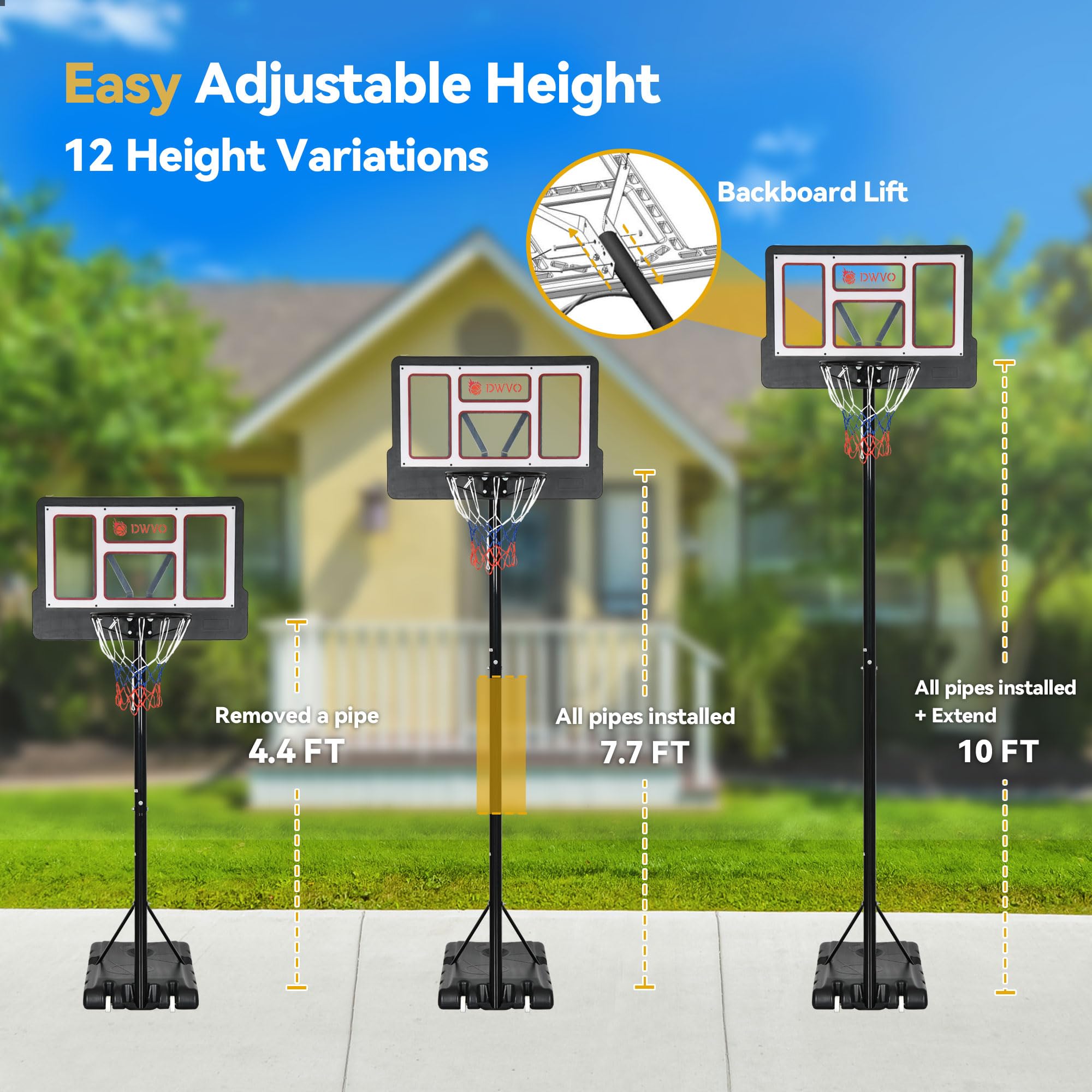 Adjustable 10FT Outdoor Basketball Hoop - 44in Shatterproof Backboard & 18in Rim for Driveway & Backyard Play