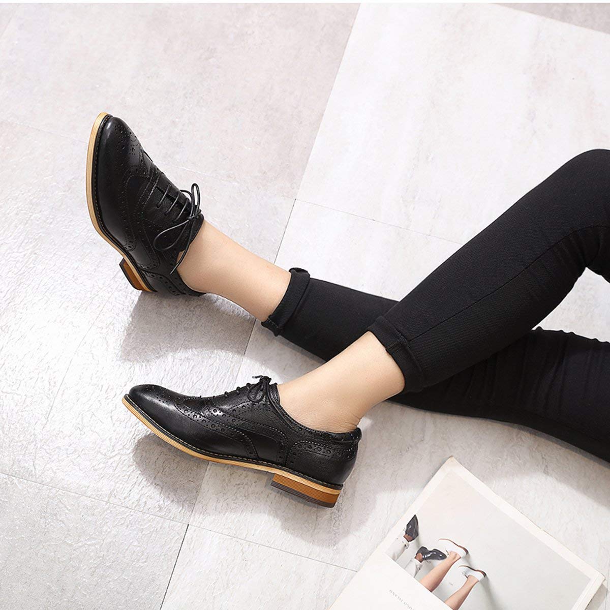 **Women's Leather Wingtip Oxford Shoes – Perforated Brogue Lace-Up Design for Comfort & Style | Perfect for Office, Casual Wear & Special Occasions**