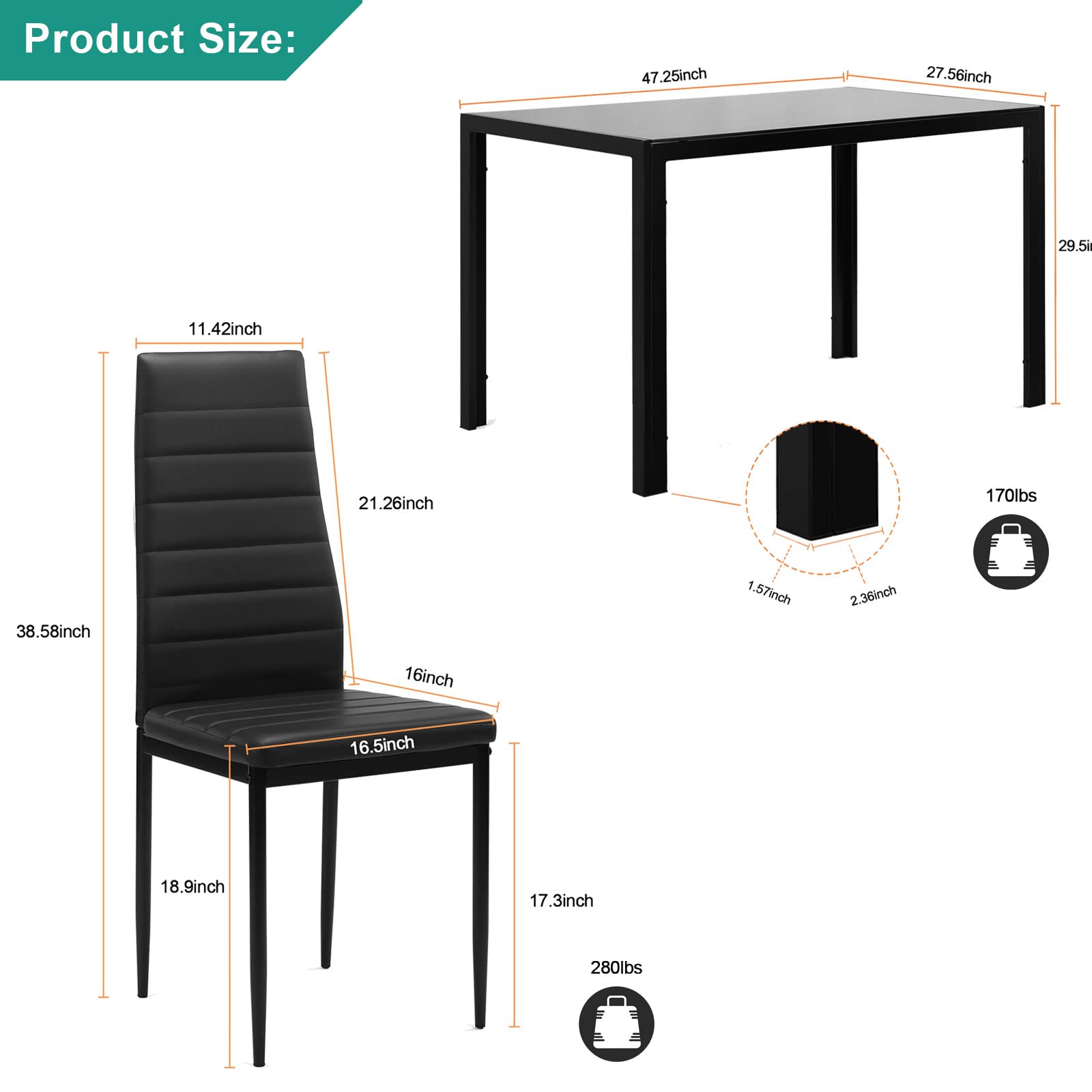 5-Piece Black Dining Table Set for 4 with Tempered Glass Top & Faux Leather Chairs - Space-Saving Kitchen Furniture for Small Apartments, Breakfast Nooks & Compact Dining Areas