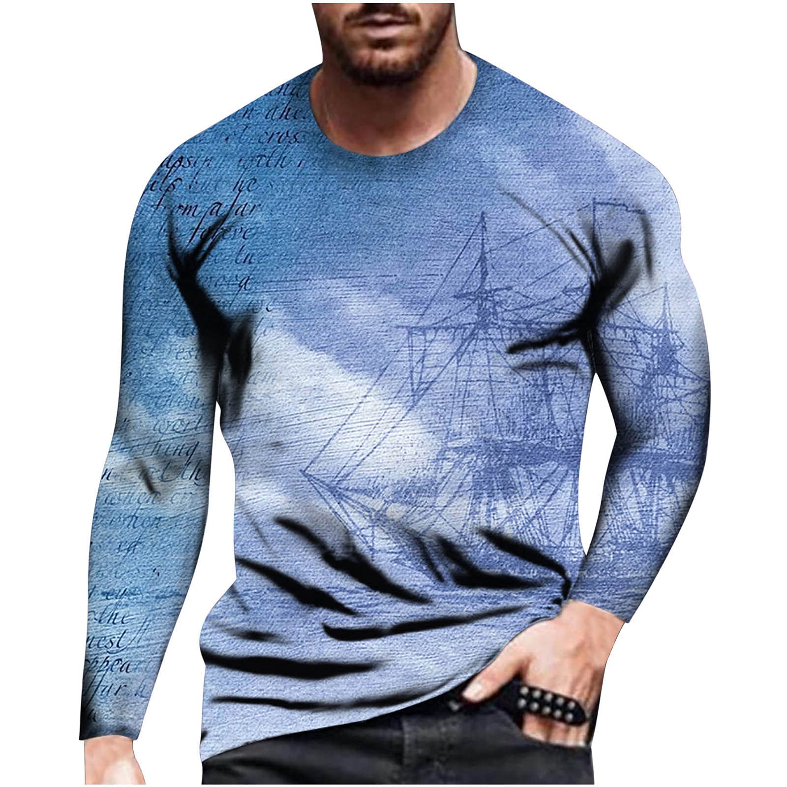 2023 Men's Fashion Long Sleeve Gradient Print T-Shirt - Casual Loose Fit Round Neck Pullover, Tie Dye Ombré Tee for Fall | Perfect for Streetwear, Outdoor Activities & Daily Wear