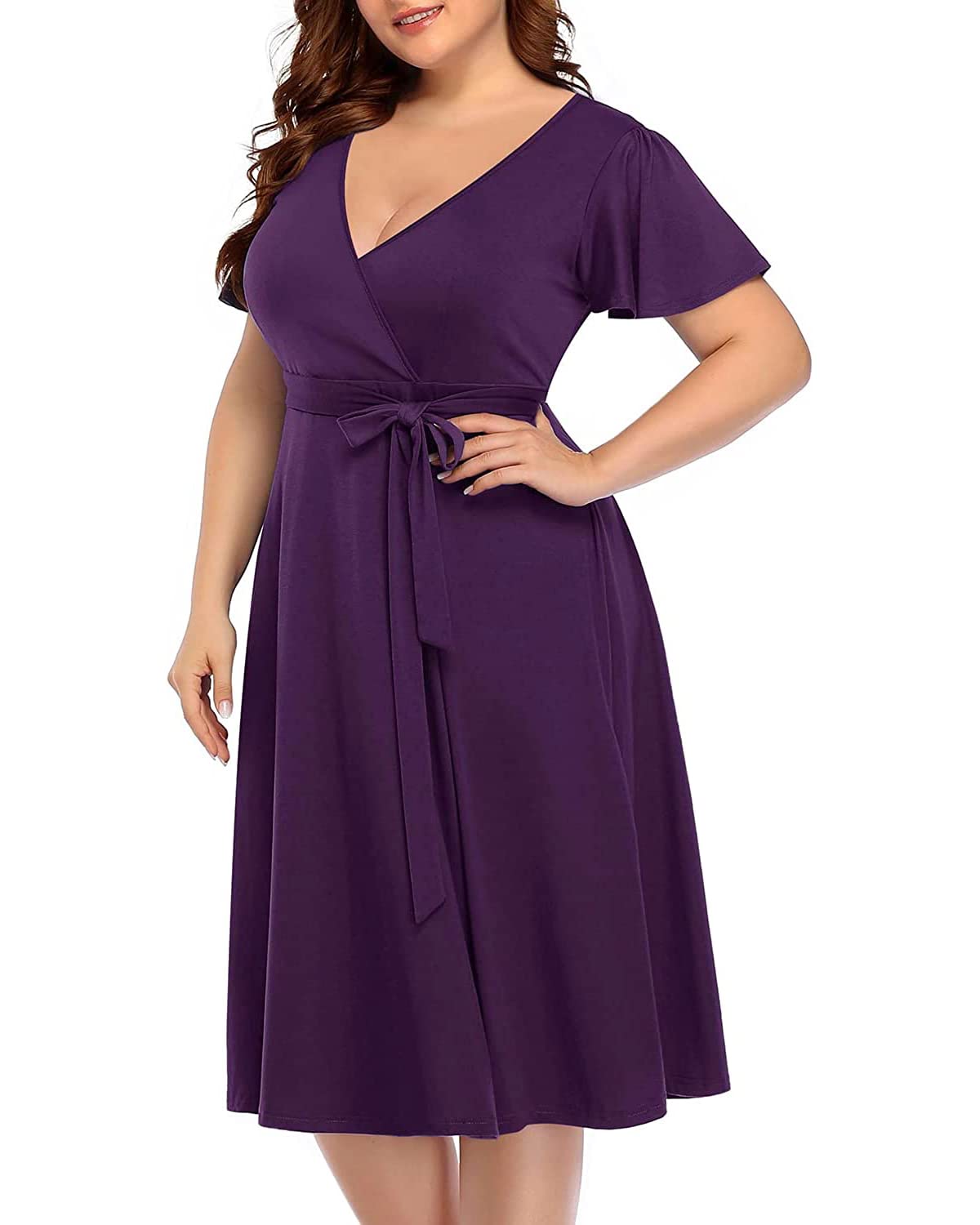 Plus Size Women's Pinup Fashion Wrap Dress - Empire Waist Semi-Formal Cocktail Midi Dress for Wedding Guest, Date Night & Special Occasions