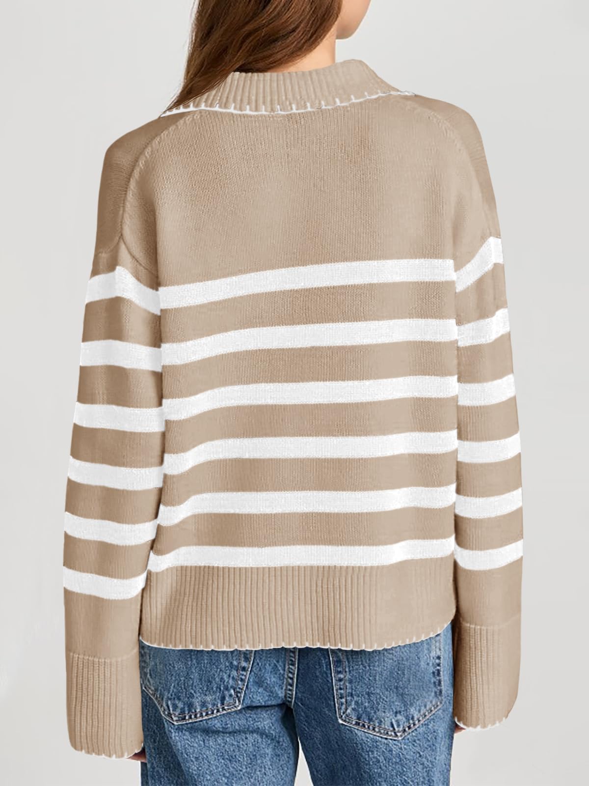 Saodimallsu Women's Striped V-Neck Collared Knit Sweater - 2024 Fall Fashion Trend Long Sleeve Loose Pullover for Work & Casual Outfits