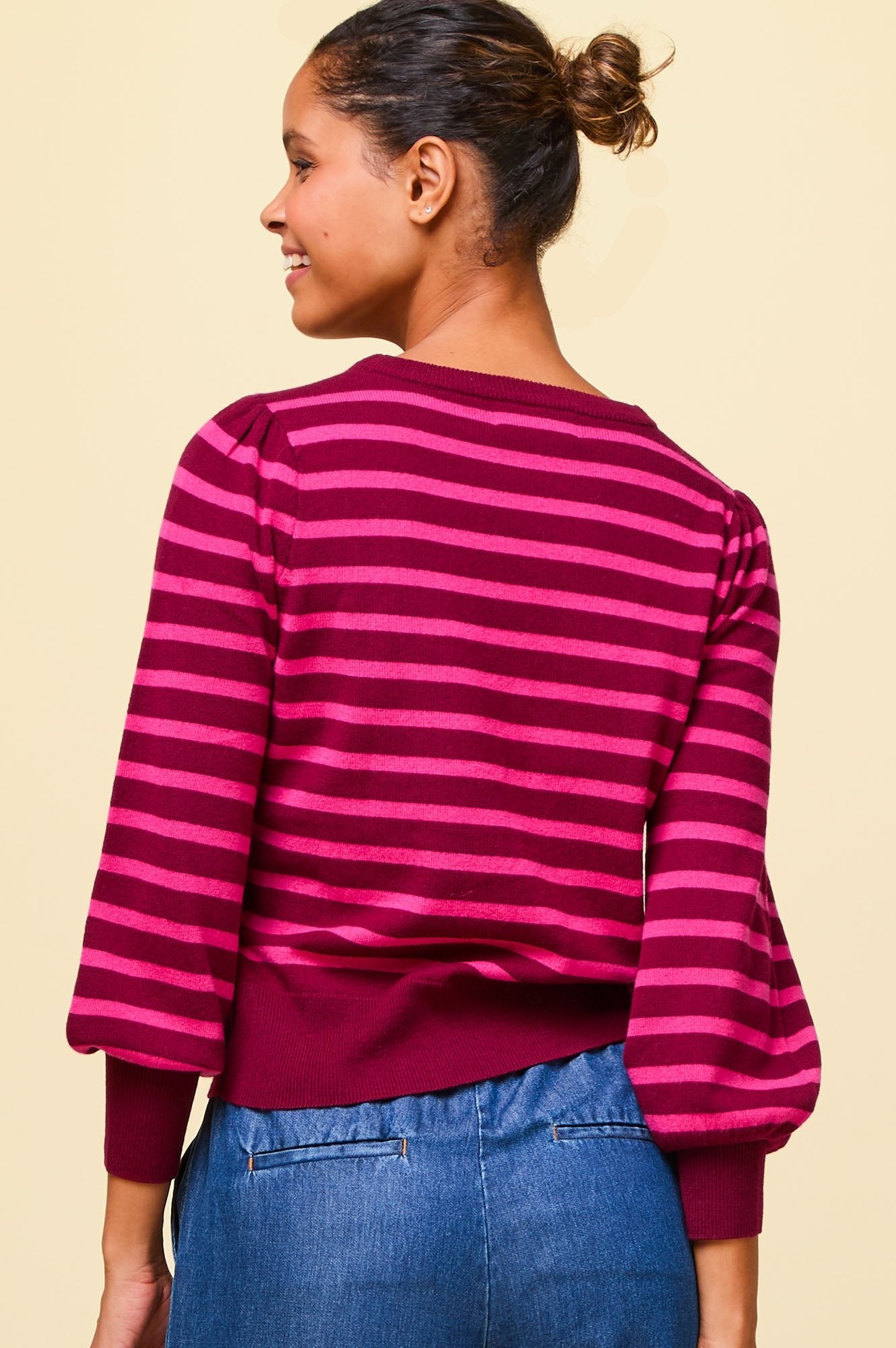 Premium Merino Wool Striped Crew Neck Sweater for Women - Wine & Pink Colors | Cozy Winter Wear, Casual Outfits, Office Attire
