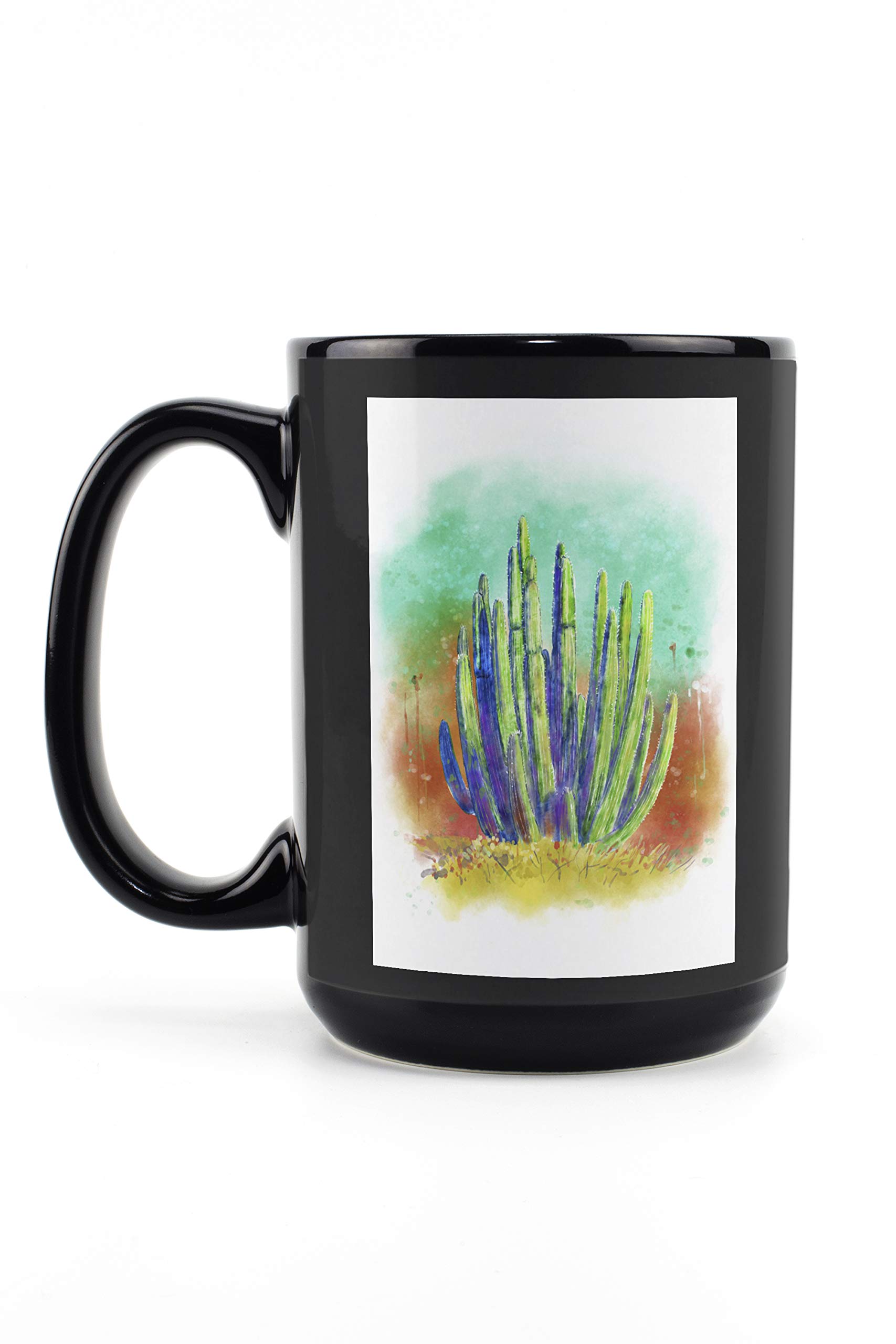 Lantern Press Cactus Watercolor Mug - 15oz Black Ceramic Coffee & Tea Cup | Dishwasher & Microwave Safe | Perfect for Home, Office & Outdoor Use