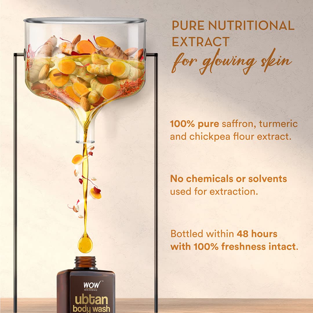 WOW Skin Science Ubtan Body Wash with Chickpea Flour, Almond Extract, Saffron & Turmeric - Natural De-Tan & Brightening Body Cleanser - Sulfate-Free, Paraben-Free, Silicone-Free - 250ml for Glowing Skin - Perfect for Daily Use & Post-Sun Care