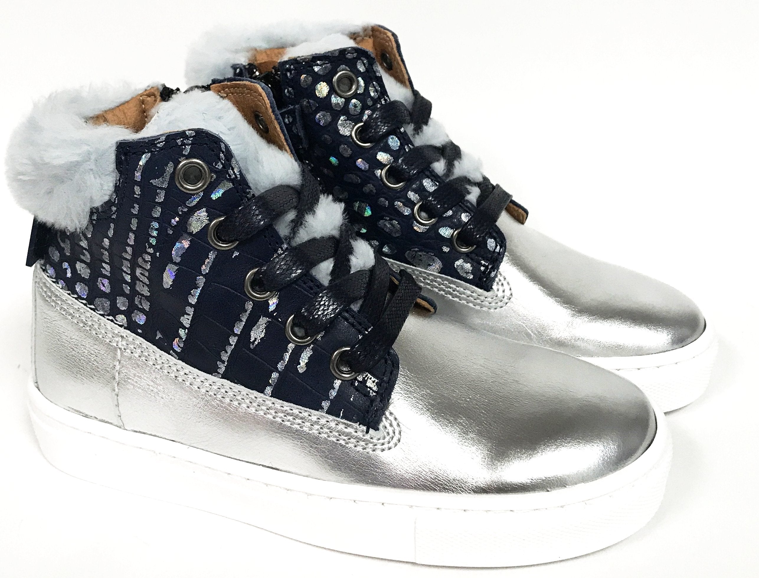 Premium Atlanta Moccasin High Top Shoes - Silver/Blue Faux Fur Lined Winter Boots for Men & Women | Cozy Indoor/Outdoor Slip-On Comfort for Cold Weather, Casual Wear & Street Style Fashion