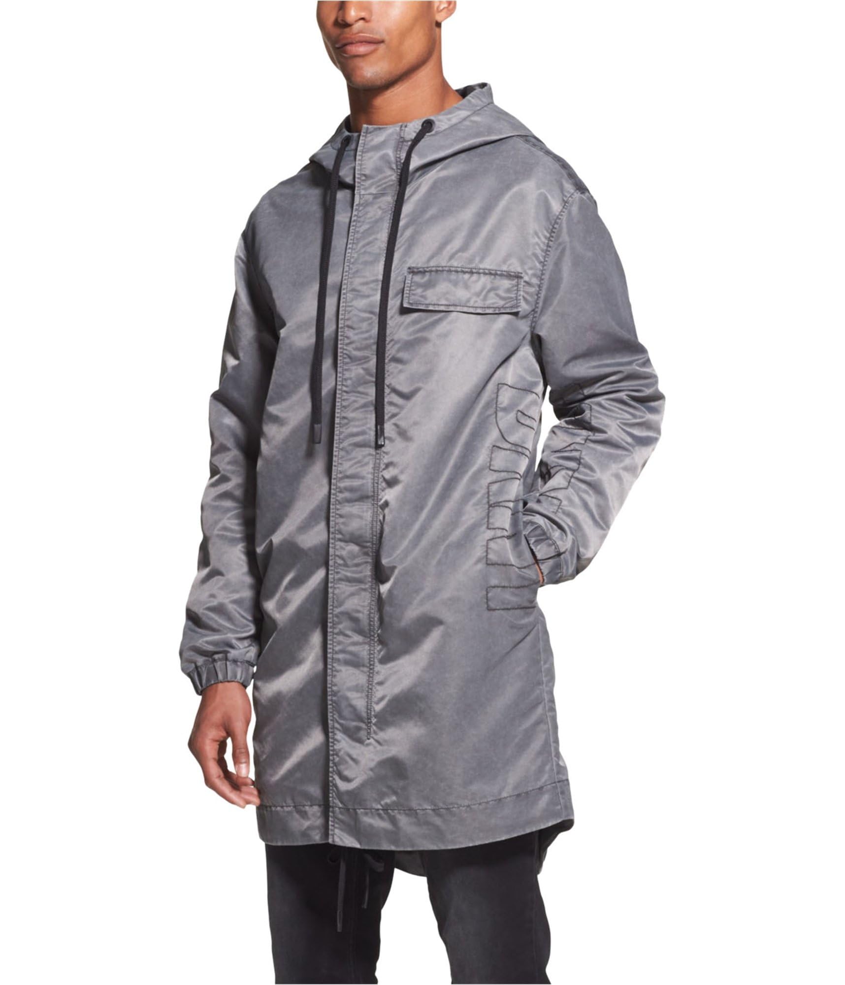 DKNY Men's Long Logo Hooded Jacket - Grey Medium | Lightweight Fleece-Lined Winter Coat for Urban Commute & Outdoor Activities