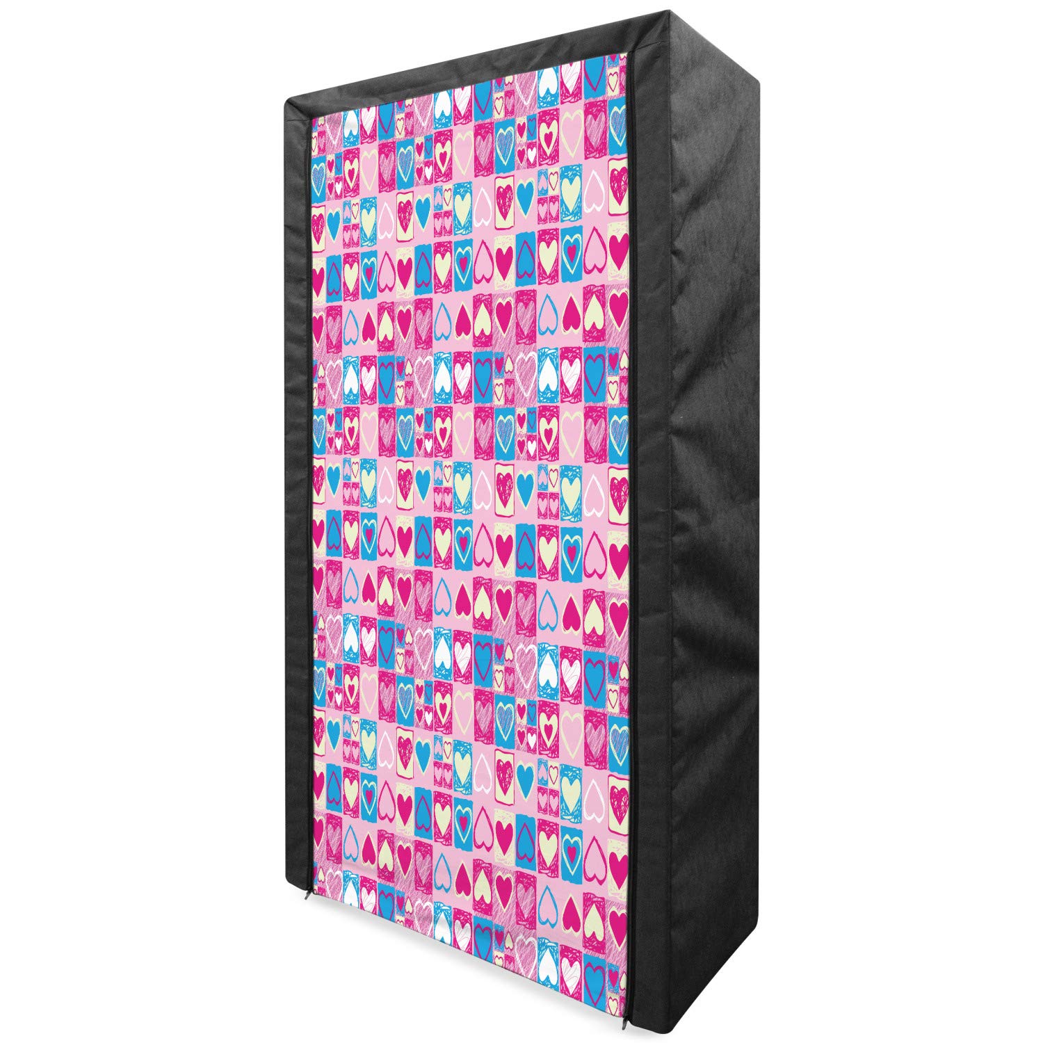 Ambesonne Love Portable Fabric Wardrobe - Doodle Sketchy Hearts in Squares Romantic Design | Pink Blue Cream Clothing Organizer & Storage Closet with Shelves (33.5 Inches) | Perfect for Bedroom, Dorm, Apartment & Small Space Organization