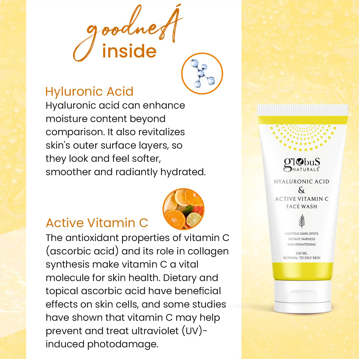 Globus Natural Anti-Aging Face Wash with Hyaluronic Acid & Vitamin C - 100ml Hydrating Cleanser for Youthful Skin | Perfect for Daily Skincare Routine & Travel
