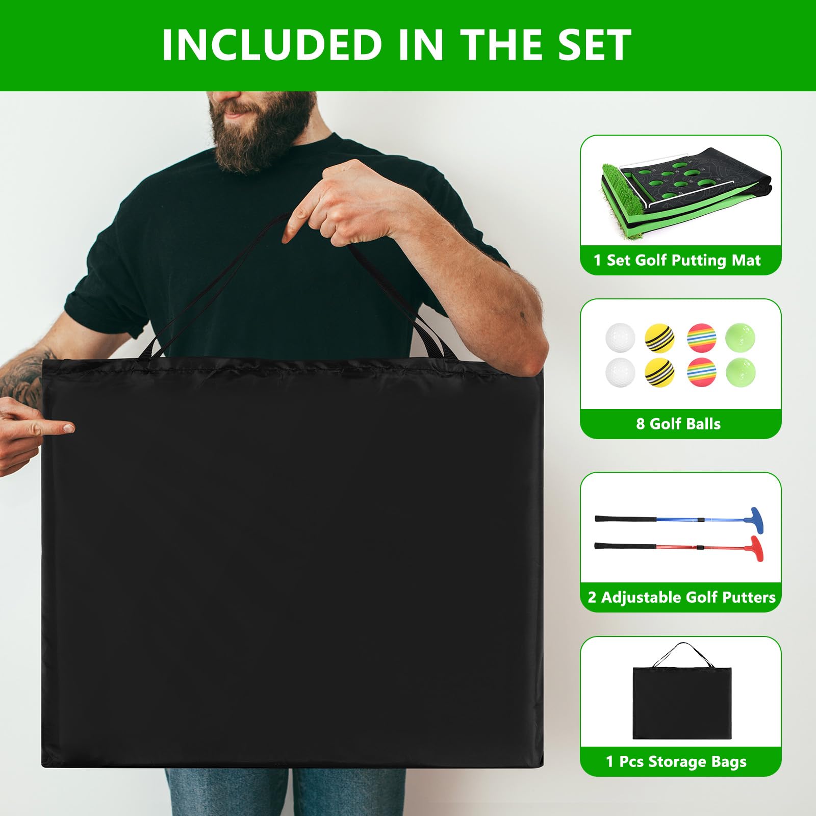 Premium Golf Pong Game Set - Adjustable Putter, 8 Golf Balls & Carrying Bag - Indoor/Outdoor Putting Green for Backyard, Parties & Family Fun