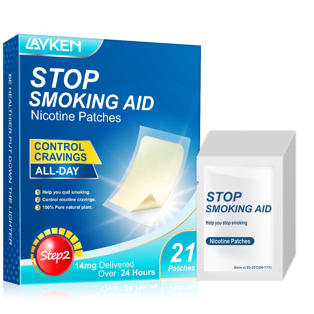 Layken Nicotine Patches Step 2 - 21 Count 14mg Smoking Cessation Aid | 24-Hour Transdermal Nicotine Replacement Therapy | Helps Quit Smoking for Busy Professionals & Travelers