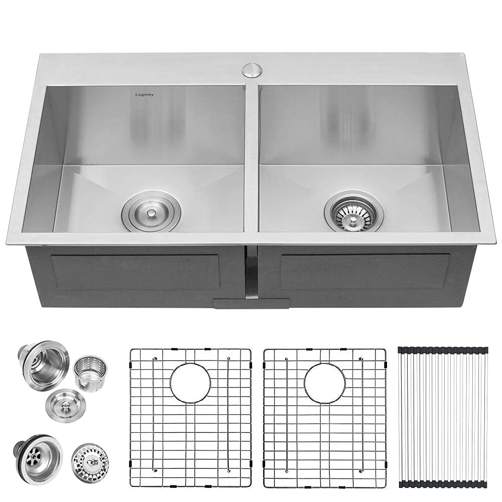 Logmey 32 Inch Drop-in Kitchen Sink - 18 Gauge Stainless Steel Double Bowl Topmount Sink (50/50 Split) for Modern Kitchens | Easy Installation & Durable Design | Perfect for Meal Prep, Dishwashing & Entertaining