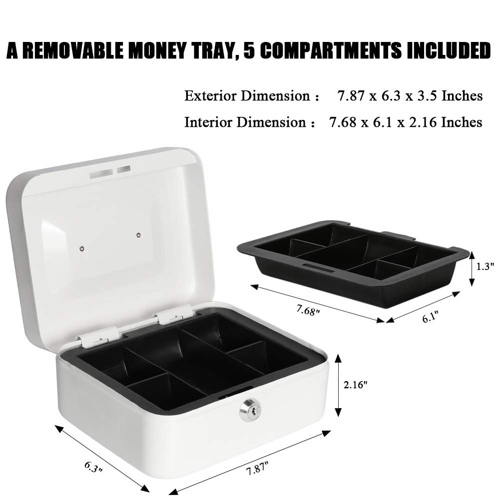 Jssmst Small Cash Box with Key Lock - Durable Metal Money Storage Box with Removable Tray for Home, Office & Retail Use (White, Model CB0105M) - Perfect for Cash Management, Small Business & Personal Savings