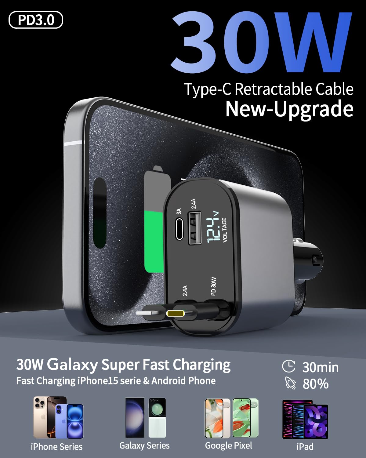 69W Retractable 4-in-1 USB C Car Charger Adapter - Fast Charging for iPhone 16/15/14/13/12/11, Galaxy & Pixel - Perfect Road Trip Essential & Gift for Men & Women | Ideal for Long Drives, Commuting & Emergency Charging