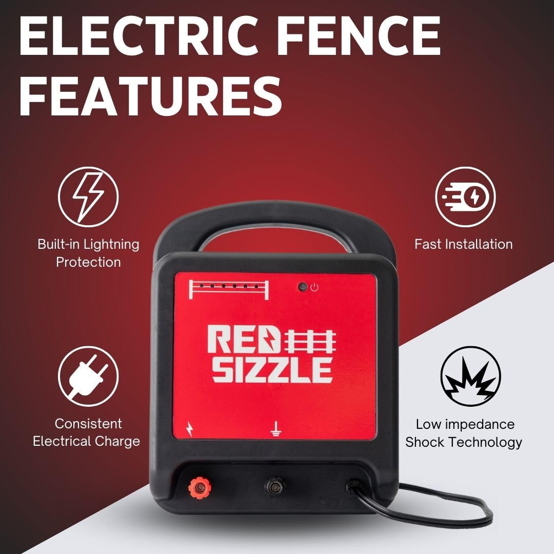 Red Sizzle 62M 6.5 Joule Electric Fence Charger for Large Pastures - Heavy Duty Plug-in Energizer for Livestock Protection & Wildlife Deterrent (Bears, Deer) | Perfect for Farm Security & Animal Containment