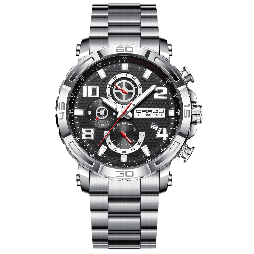 Men's Chronograph Waterproof Watch - Stainless Steel, Black/Blue/Silver - Business & Sport Use