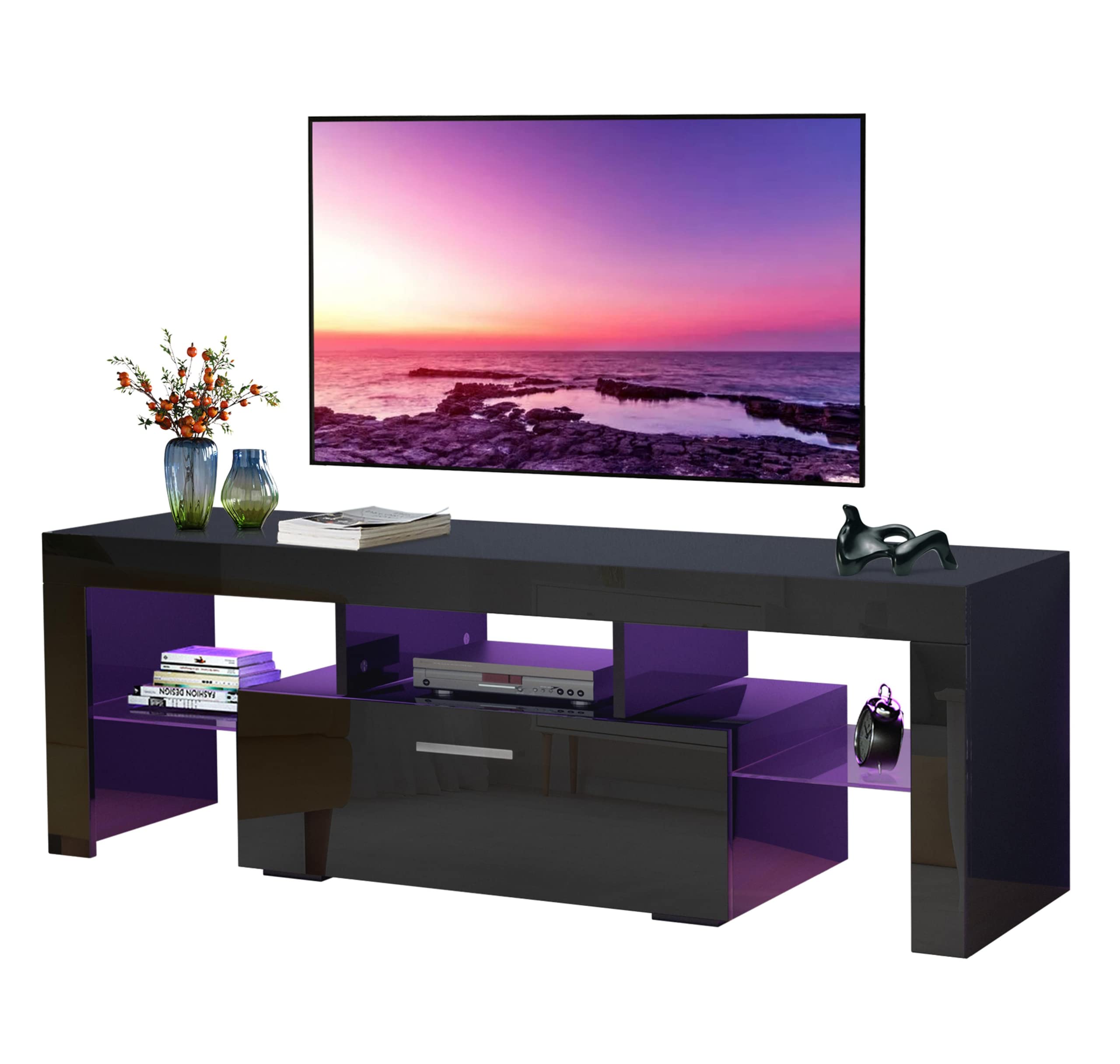 Modern High Gloss TV Stand with 16-Color LED Lighting for 55-Inch TVs, Entertainment Center with Storage Drawers - Perfect for Living Room & Bedroom Decor (Black) | Ideal for Movie Nights & Gaming Setup