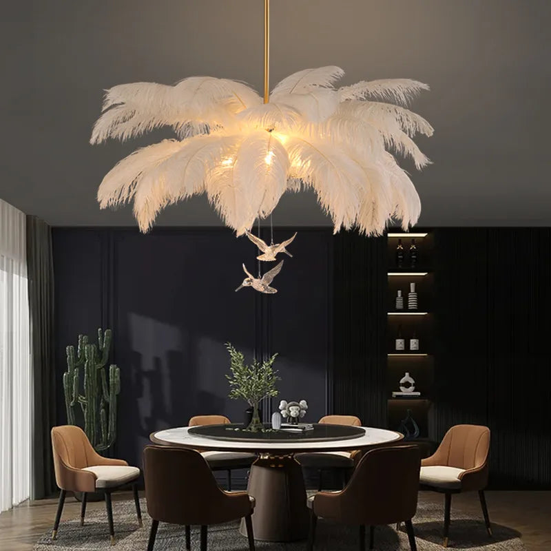 Divas Modern White Ostrich Feather Chandelier - Elegant Ceiling Light Fixture for Dining Room, Bedroom & Wedding Decor
