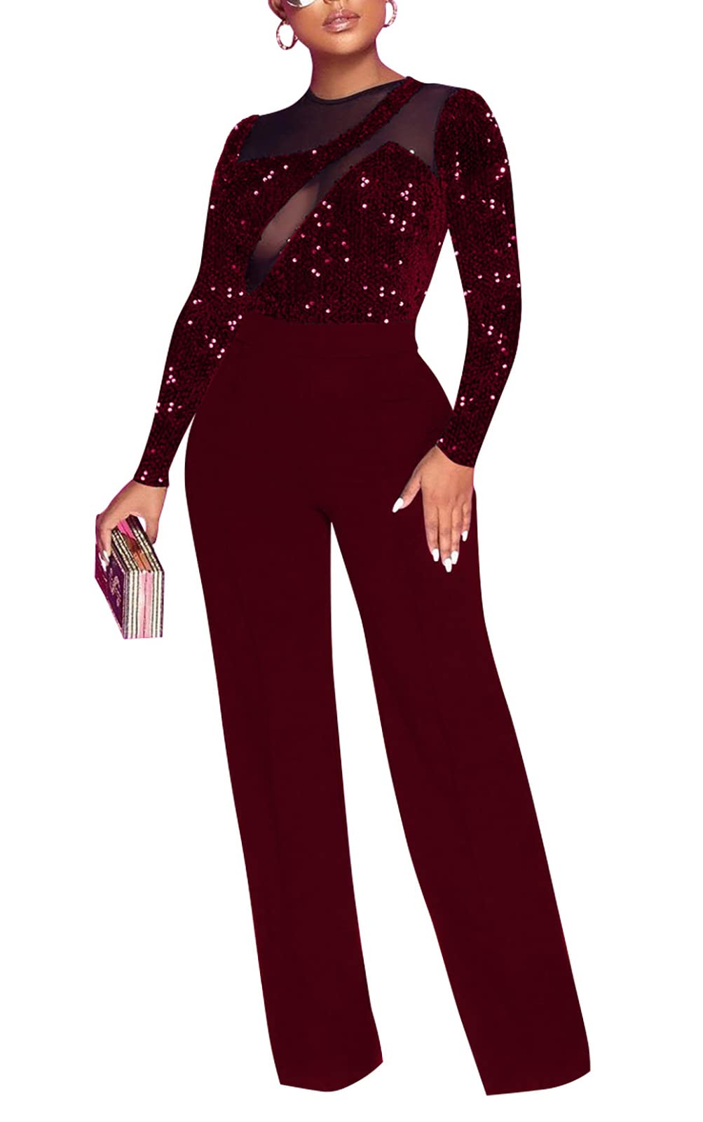 Elegant Women's Long Sleeve Sequin Mesh Jumpsuit - Winter & Autumn Straight Leg Romper for Party, Dinner & Special Occasions