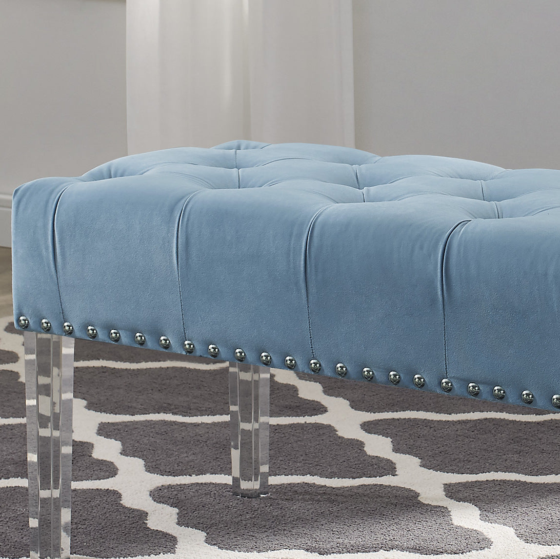 Roundhill Furniture Valley Button Tufted Velvet Upholstered Bench with Acrylic Legs - Luxurious Blue Velvet Seat for Bedroom, Living Room & Entryway Decor