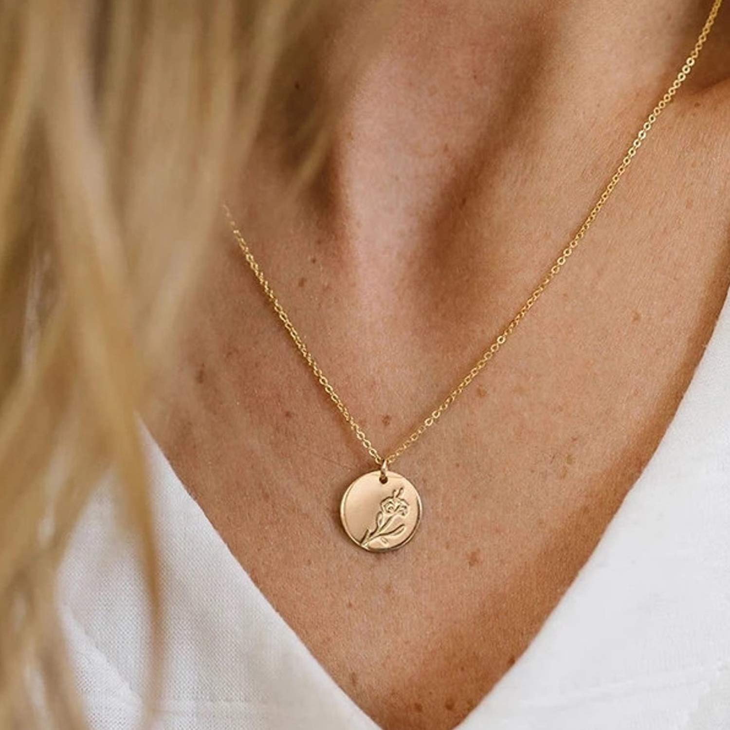 14K Gold Plated Floral Coin Pendant Necklace for Women - Personalized Birth Month Flower Jewelry, Engraved Gift for Birthday, Anniversary & Special Occasions | Elegant Layering Necklace for Everyday Wear & Formal Events