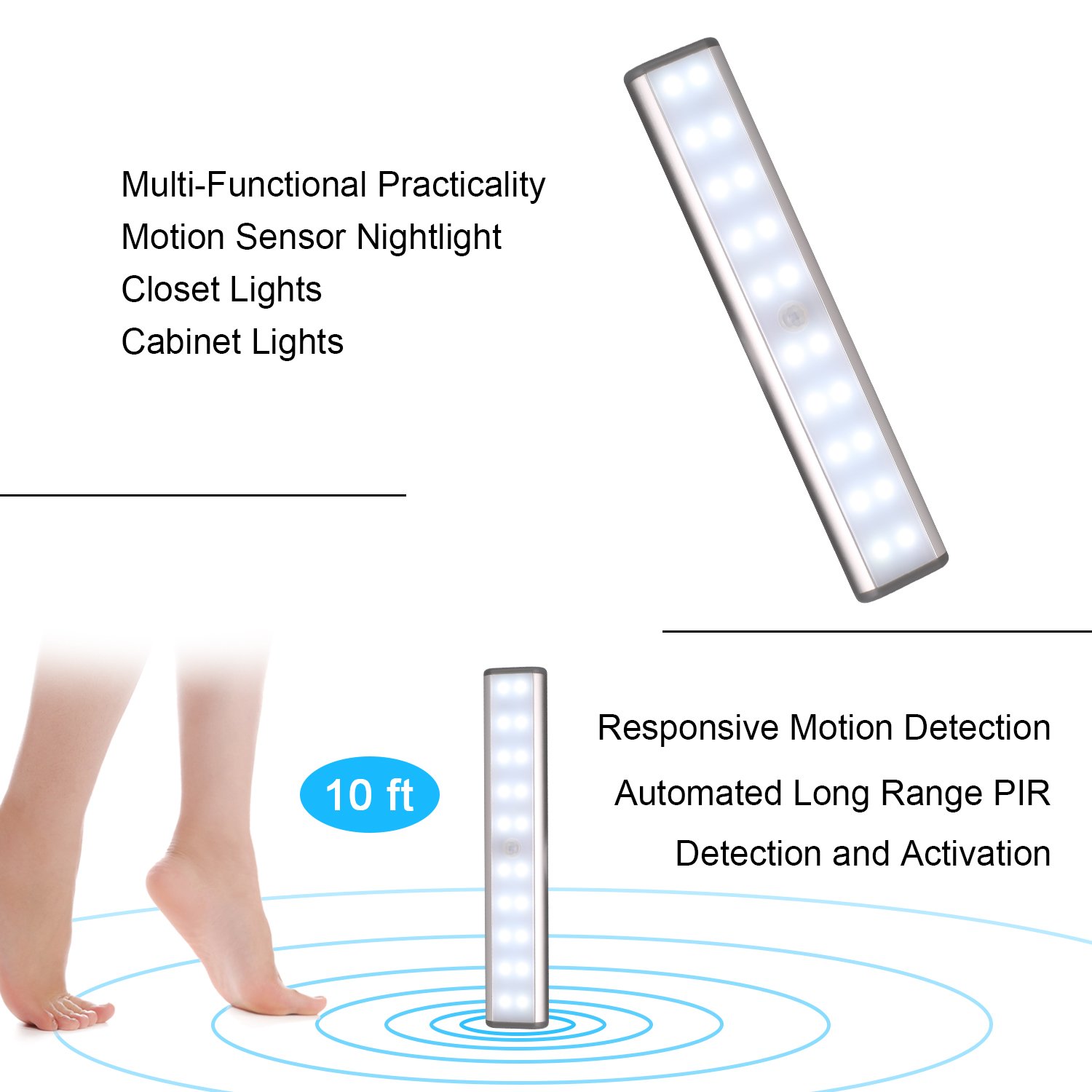 Wireless Stick-On LED Closet Lights - 20 LED Motion Sensor Under Cabinet Lighting with Rechargeable Battery & Magnetic Base - Safe Night Light for Closet, Kitchen, Wardrobe, Stairs (Silver) - Perfect for Dark Spaces & Hands-Free Illumination