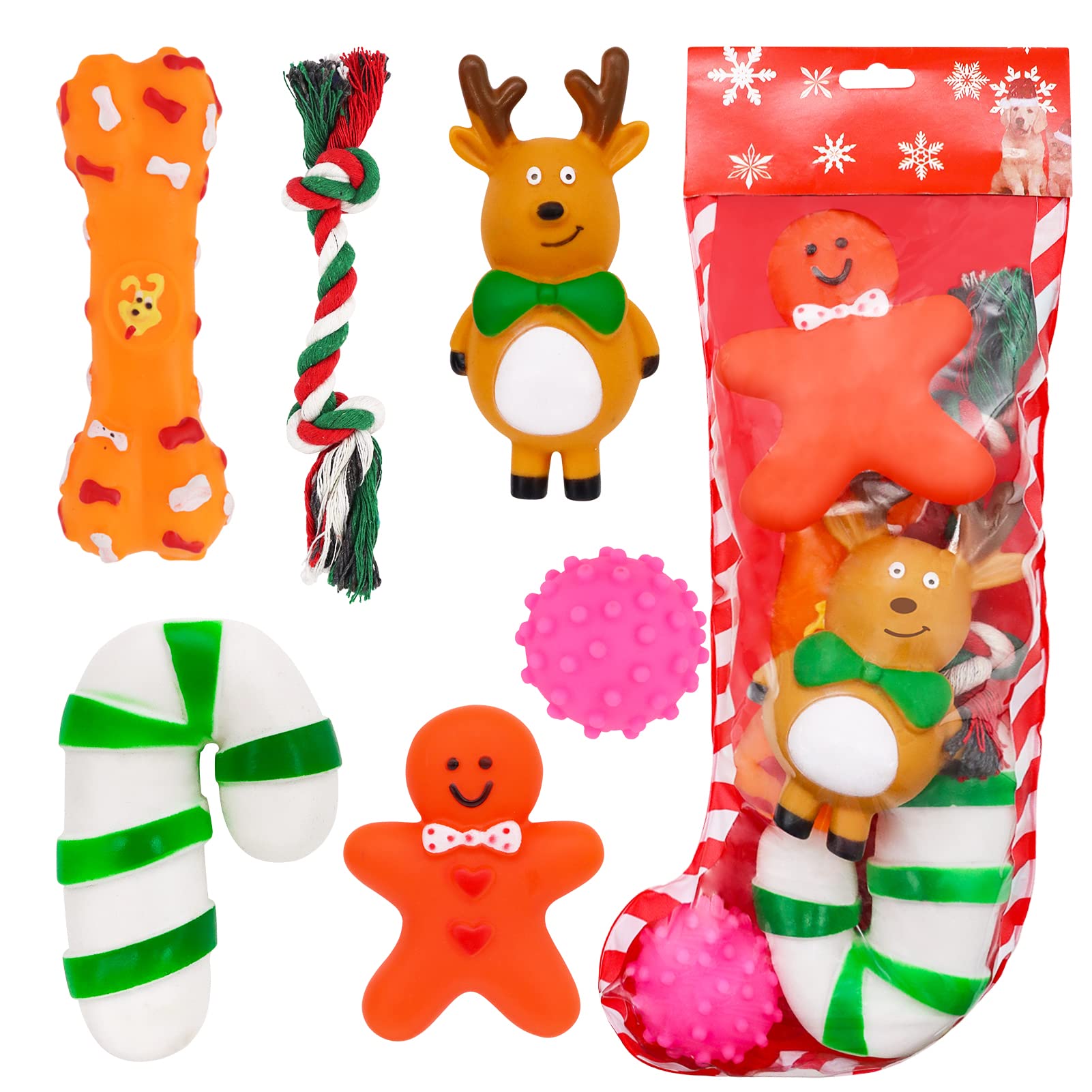 ZALALOVA 6-Piece Christmas Dog Stocking Toys Set - Chew Toys, Santa, Gingerbread Man, Bone, Tree & Candy Cane Shapes - Interactive Ball Gift for Dogs | Holiday Pet Gifts & Puppy Chew Toys for Christmas Decorations