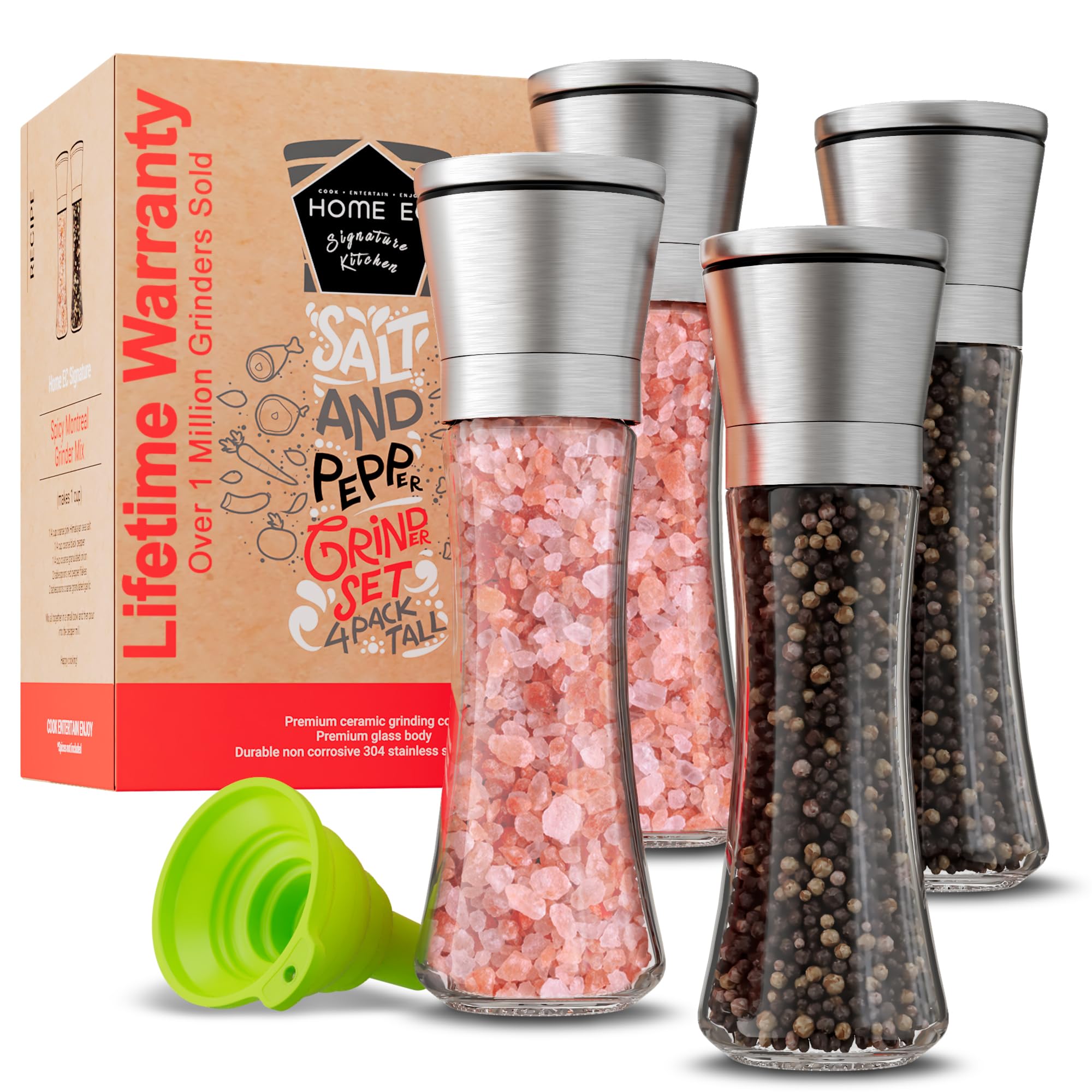 Premium Stainless Steel Salt and Pepper Grinder Set of 4 - Adjustable Ceramic Core, Tall Glass Spice Shakers - Modern Kitchen Essential with Free Funnel & EBook - Perfect for Cooking, Dining, and Gourmet Seasoning