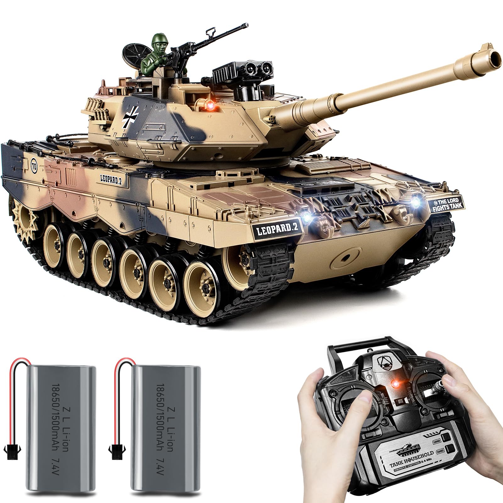 1:18 Scale German Leopard II RC Tank - 2.4Ghz Remote Control Military Toy with BB Shooting, Water Bombs, Smoke, Lights & Sound Effects | Realistic Recoil Action for Adults & Kids | Battle Simulation, Outdoor Play & Collectible Display
