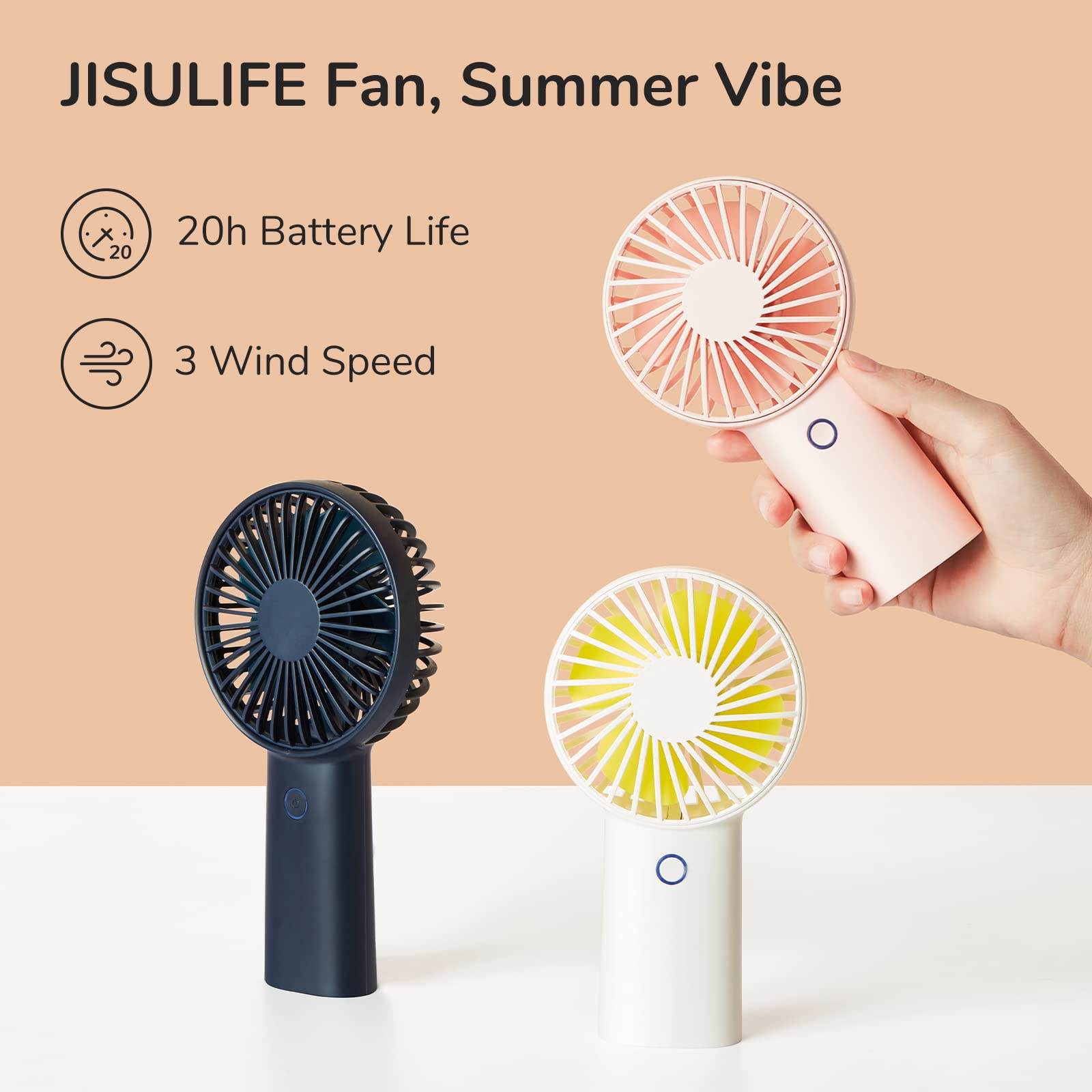 JISULIFE Portable Handheld Fan - 6000mAh USB Rechargeable, 20 Hours Cooling, Lightweight Personal Fan for Travel, Makeup, Gym, Office & Outdoor Activities | Stay Cool Anywhere (White)