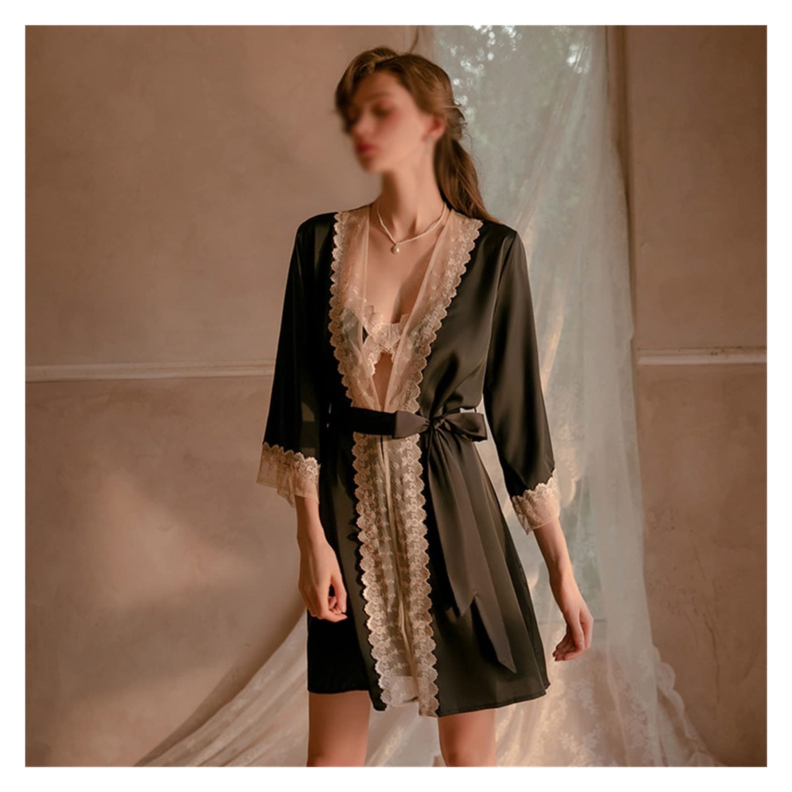 Women's Satin Lace Robe - Soft Sleepwear Nightgown & Sexy Bathrobe for Home, Spa, and Bridal Lingerie (Black, One Size) | Perfect for Relaxation, Lounging, and Romantic Occasions