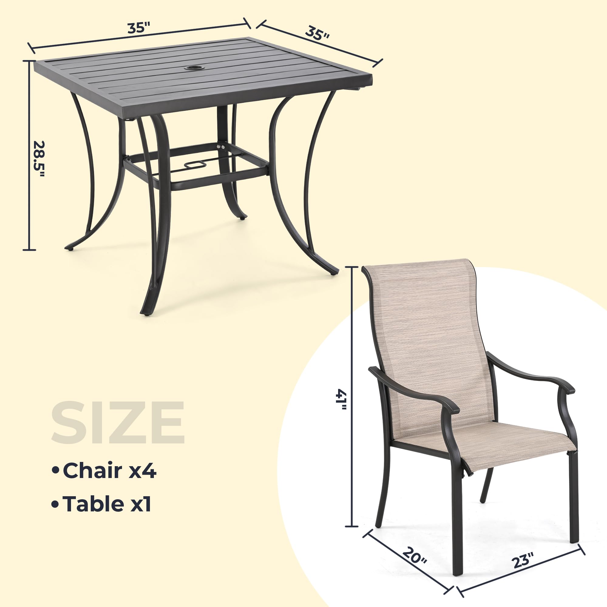 **HAPPATIO 5-Piece Outdoor Patio Dining Set with 4 Textilene Chairs & 1 Square Table – Weather-Resistant, Easy to Clean (Beige Brown) – Perfect for Backyard, Garden, and Poolside Gatherings**