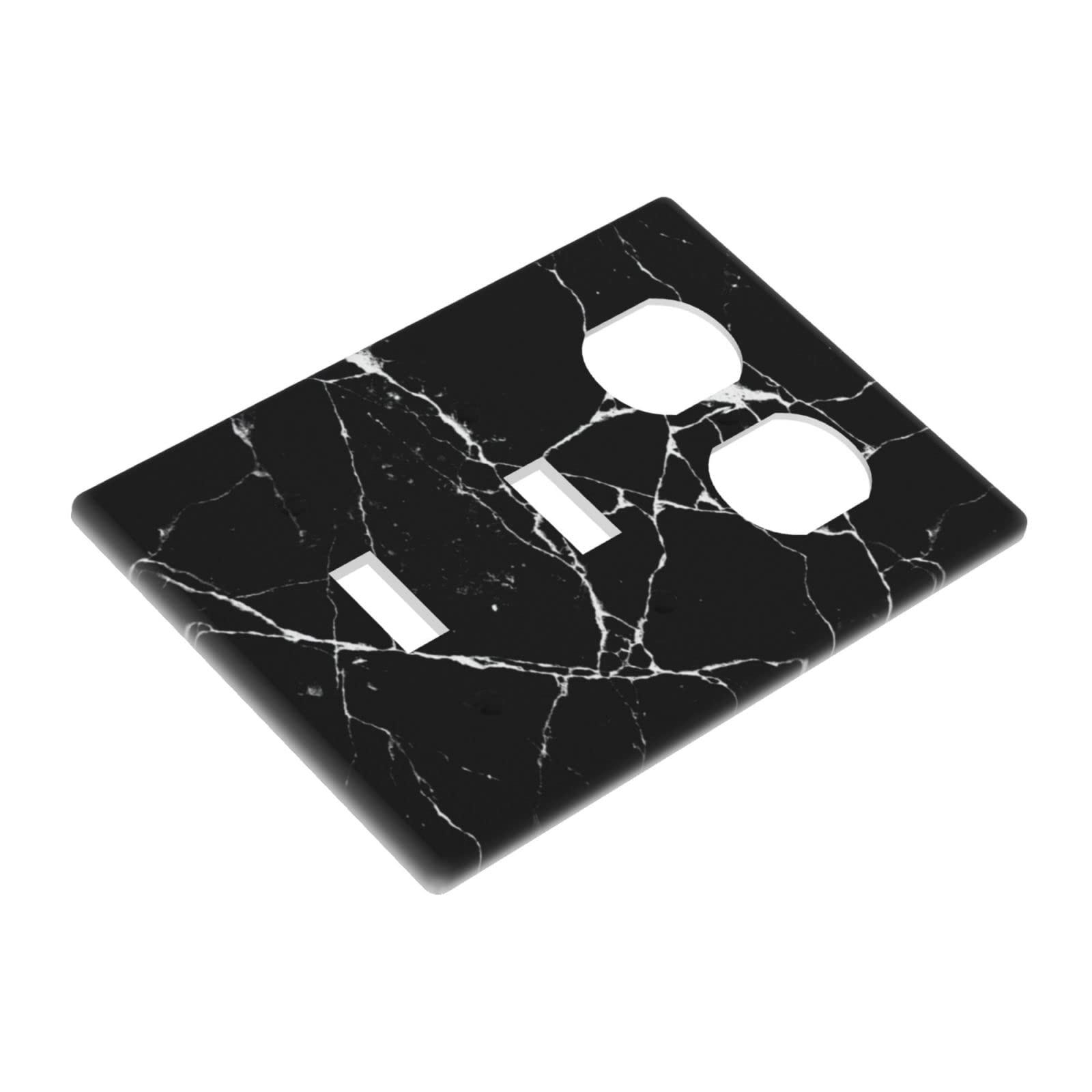 Black Marble Toggle Duplex Outlet Wall Plate - 3 Gang Light Switch Cover with Decorative Texture for Laundry, Living Room, Bathroom & Bedroom - Electrical Receptacle Accessory for Home Decor and Safety