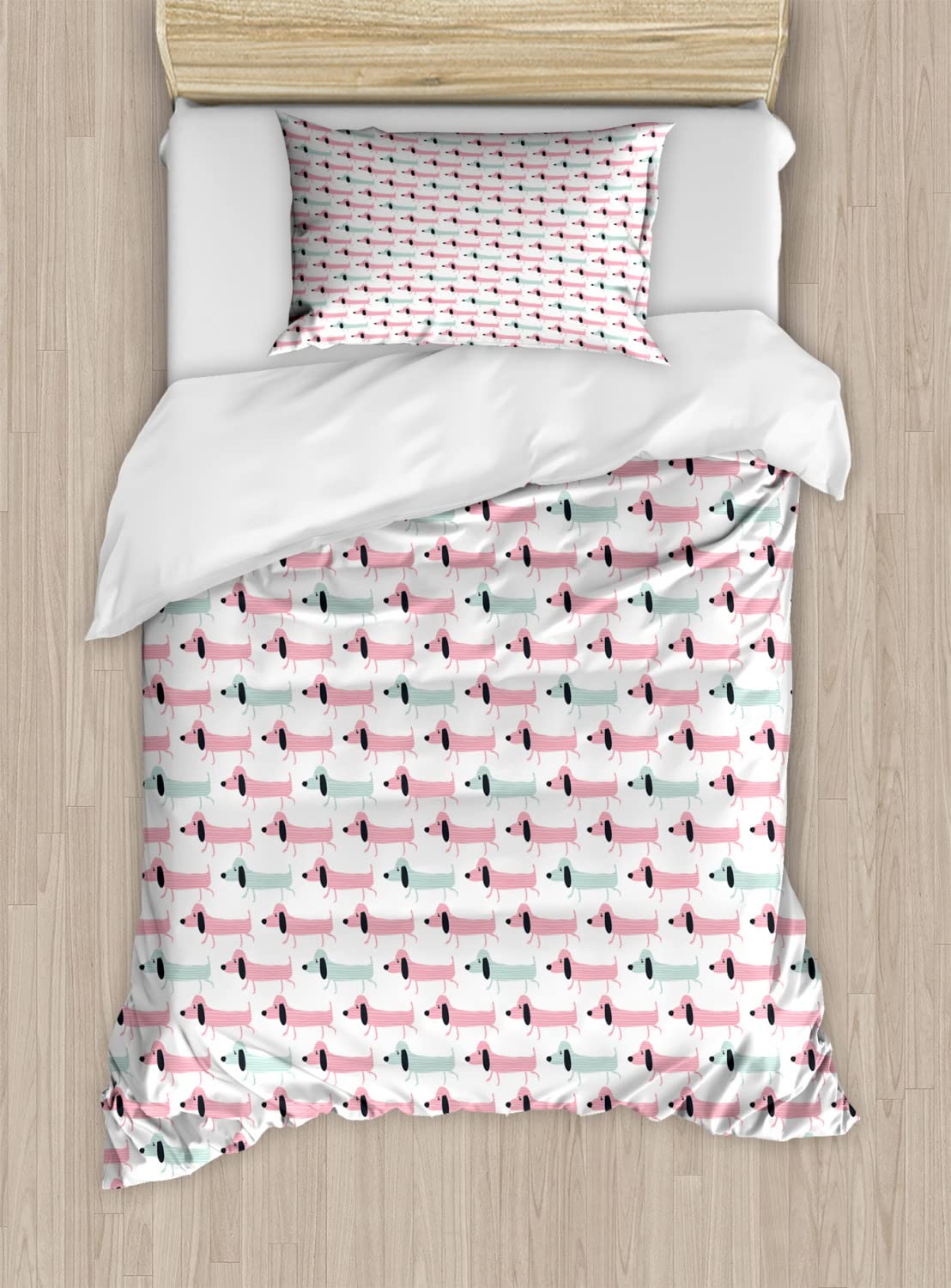 Ambesonne Funny Dachshund Duvet Cover Set - 2 Pack King Size Cartoon Sausage Dog Design with 4 Pillowcases, Seafoam Pink | Cute Dog Lover Bedding for Kids & Adults Rooms