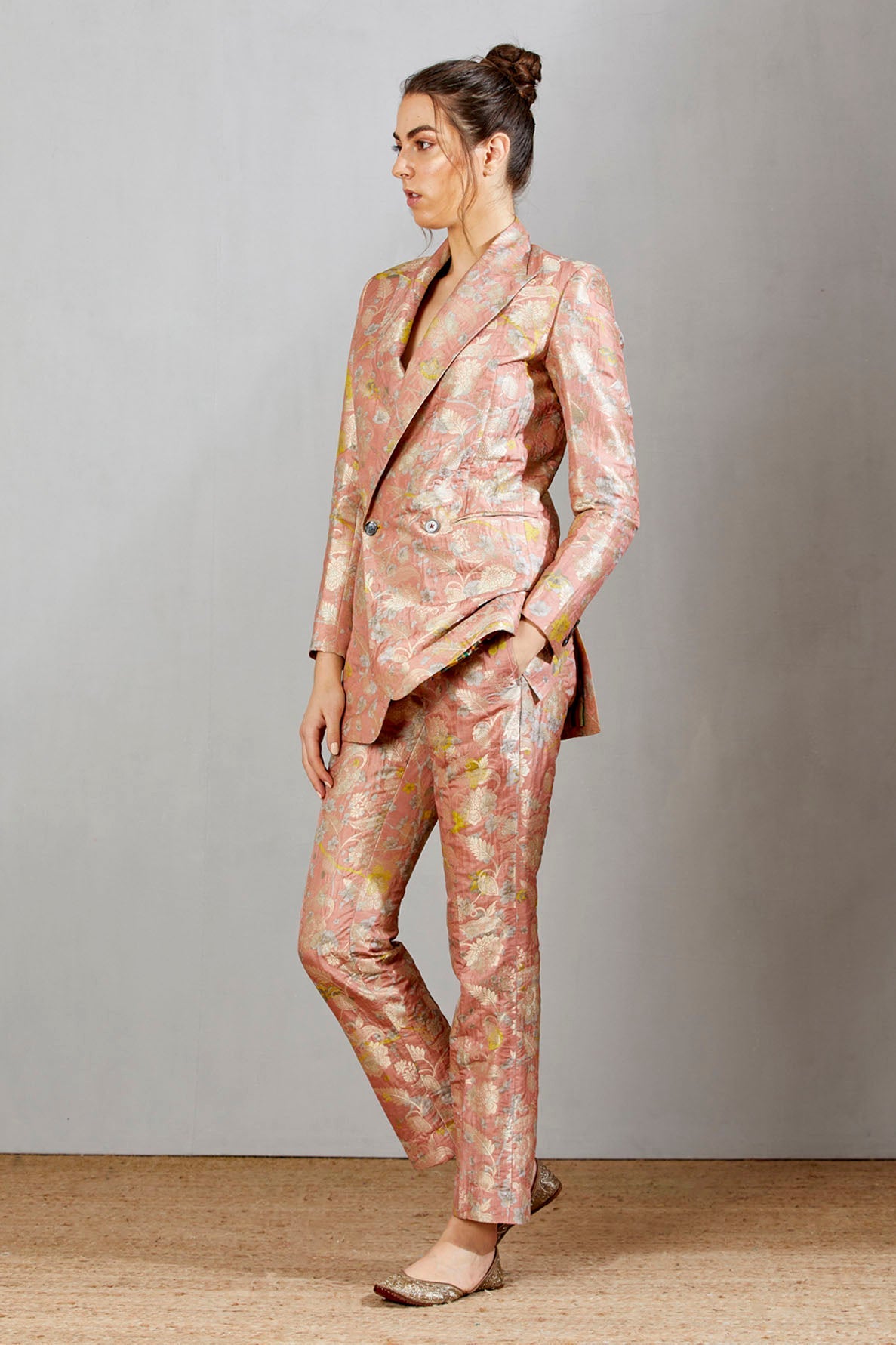 Double Breasted Silk Brocade Blazer in Salmon Pink | Women's Formal Business Jacket | Perfect for Office Wear, Weddings & Special Occasions