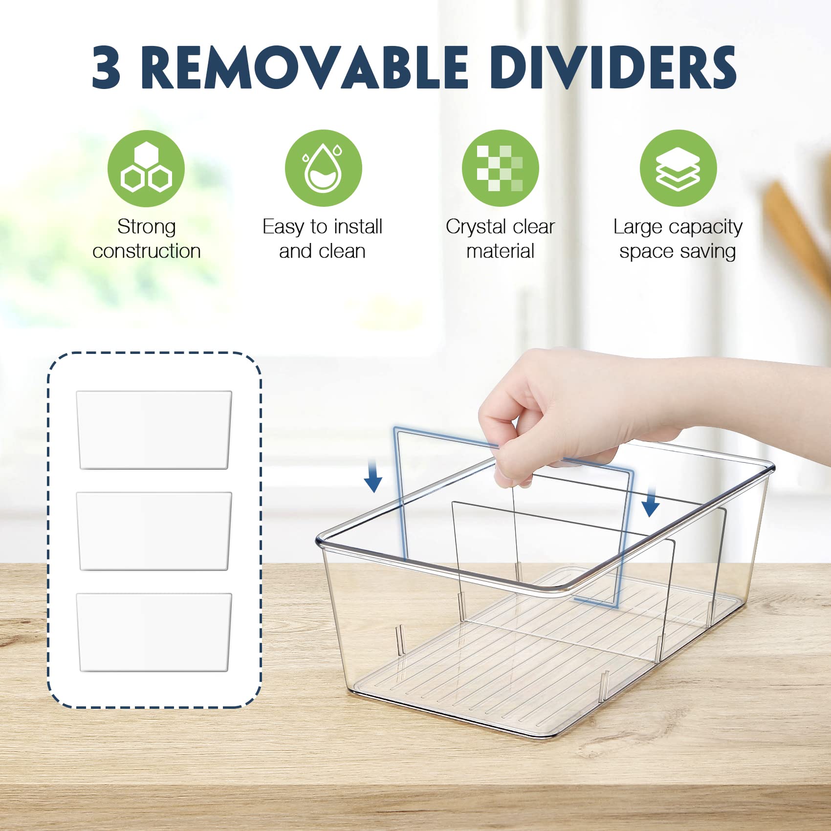 Batoto Clear Refrigerator Organizer Bins with Dividers – 2 Pack for Kitchen Pantry Storage, Perfect for Fridge, Freezer, and Cabinet Organization