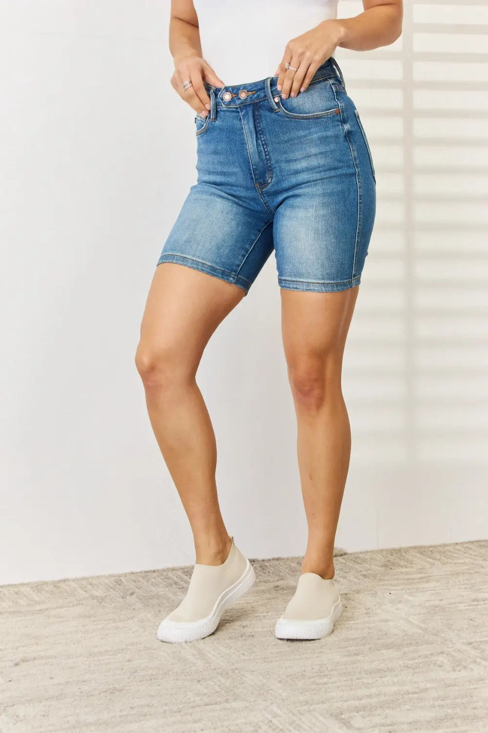 Judy Blue Women's Tummy Control Bermuda Denim Shorts with Double Button Closure - High Waisted Stretch Denim Shorts for Summer, Casual Wear & Beach Outfits