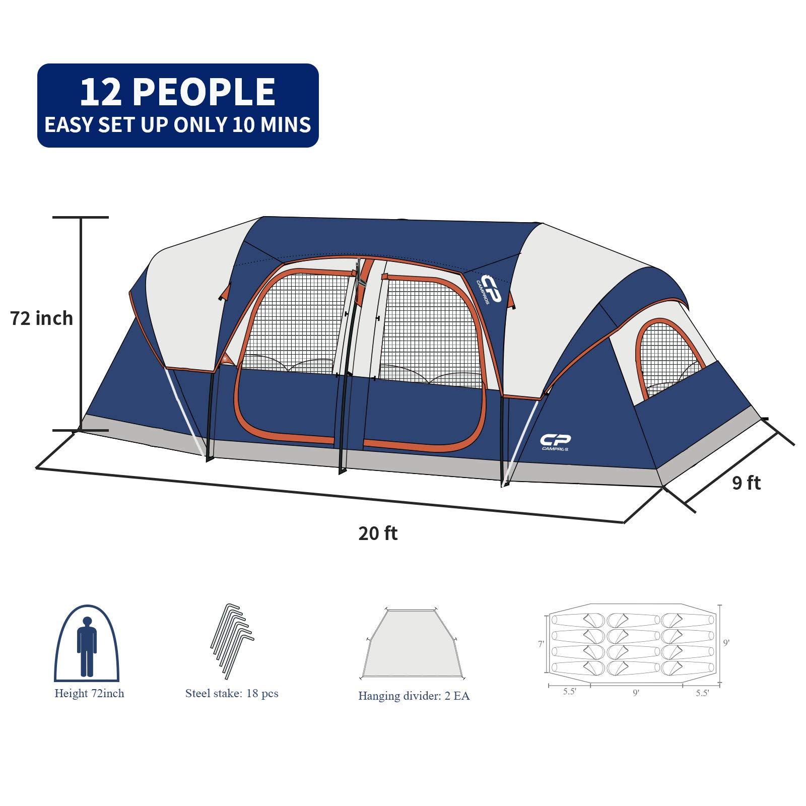 CAMPROS CP Tent 12 Person Camping Tent - 2 Room Family Cabin Tent with 6 Large Mesh Windows | Weather Resistant, Double Layer Design & Room Divider Curtain | Portable with Carry Bag | Perfect for Family Camping, Outdoor Adventures & Backpacking Trips
