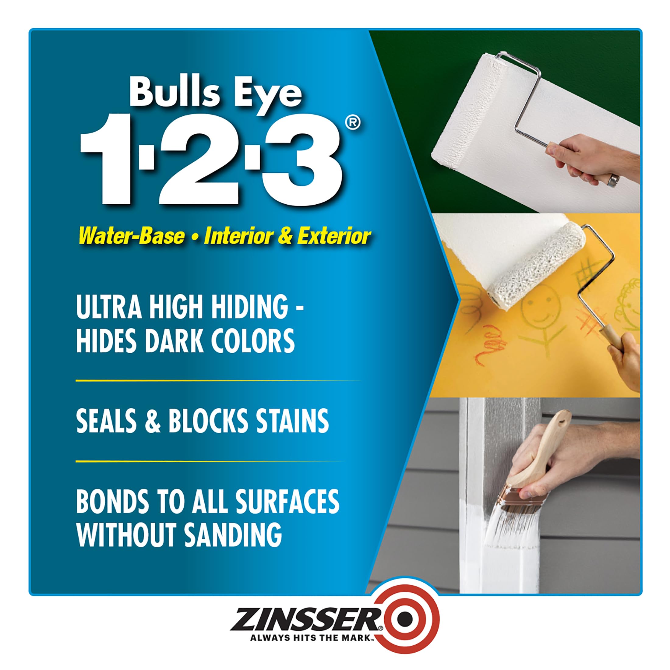 Rust-Oleum ZINSSER 1 qt 02004 White Bulls Eye 1-2-3 Water-Based Stain Blocking Primer & Sealer – Perfect for Walls, Ceilings, Wood & Metal Surfaces – Ideal for Home Renovation & DIY Projects