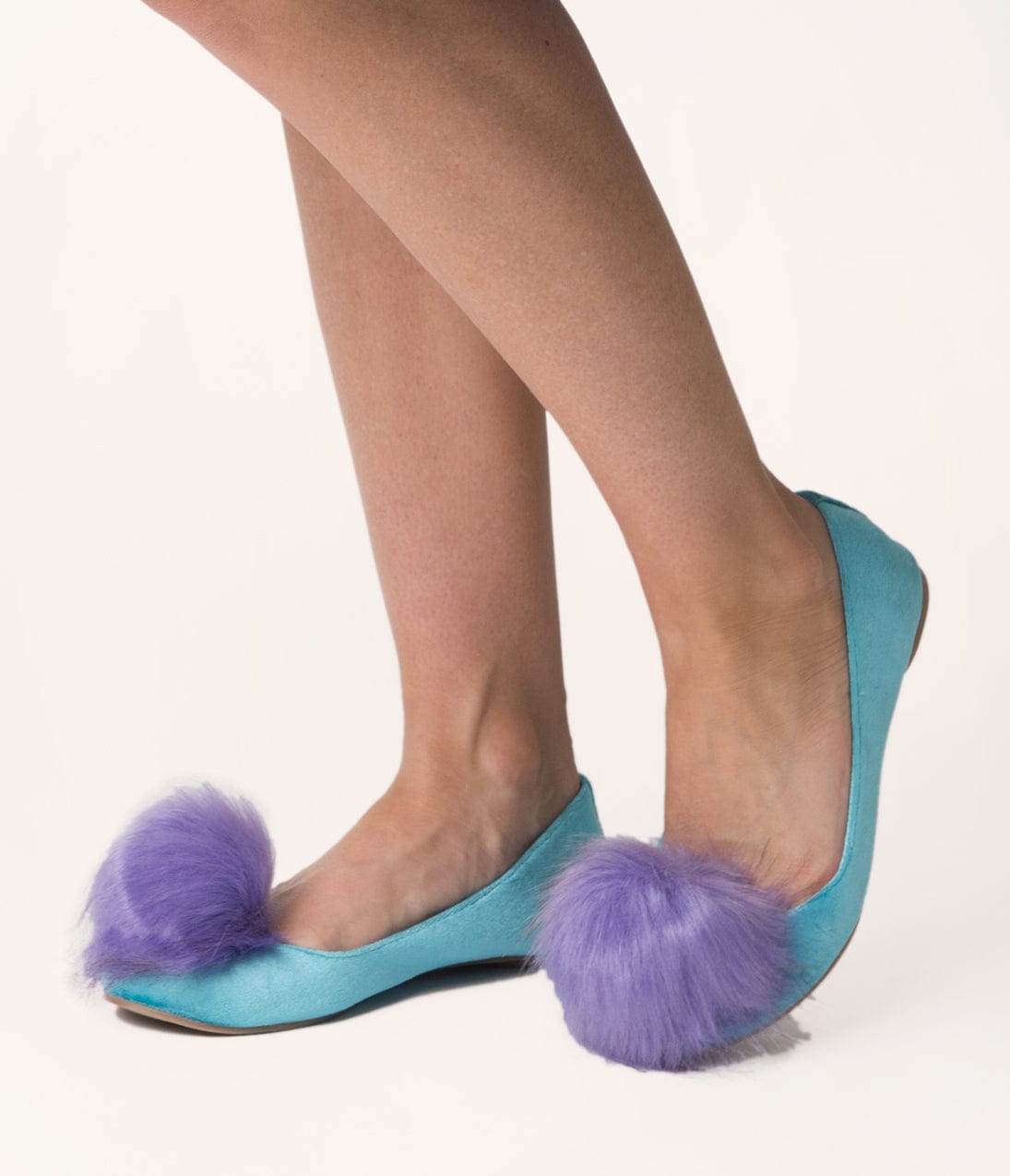 Teal Velvet & Purple Pom Pom Ballet Flats - Women's Comfortable Slip-On Shoes for Casual Wear, Office, and Parties