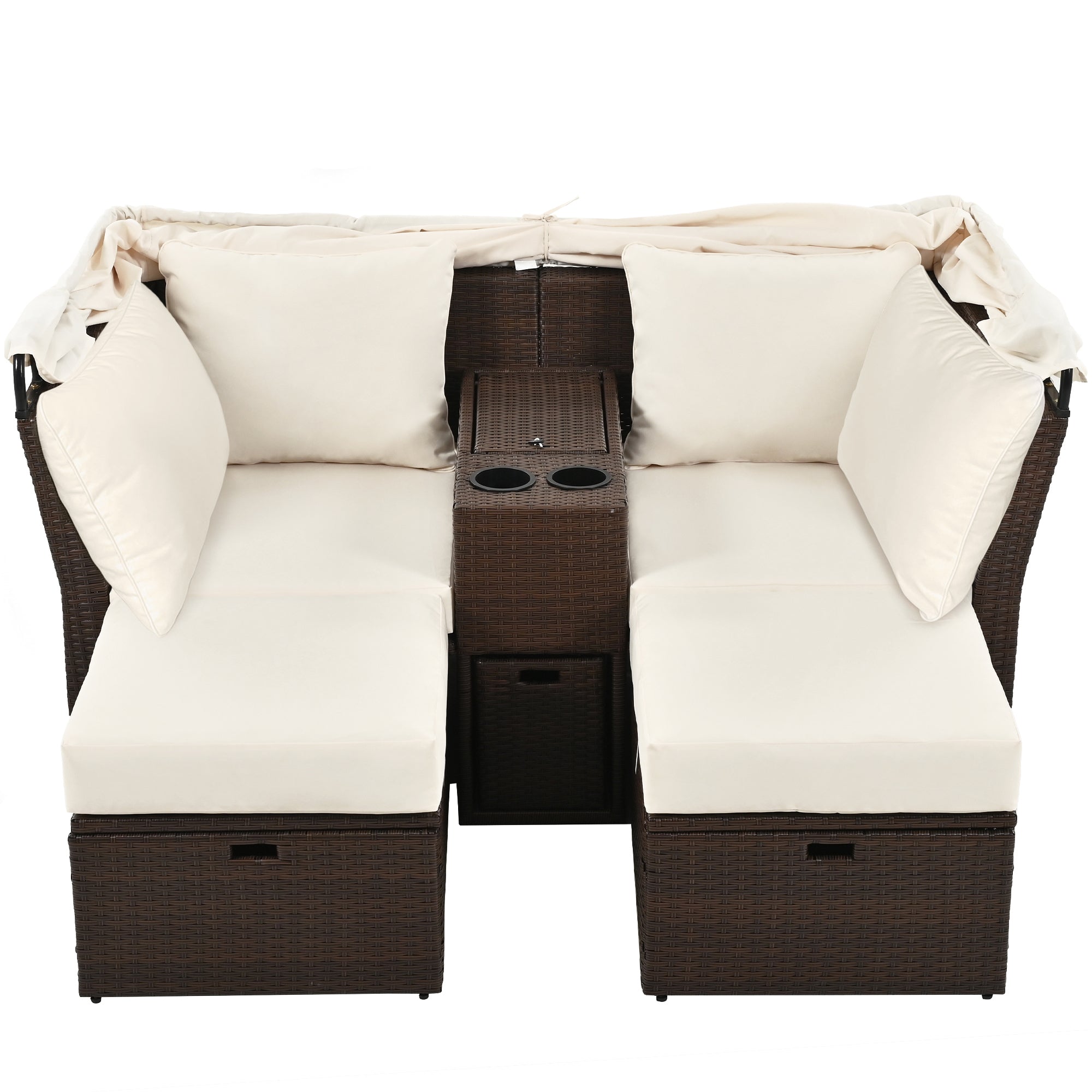 2 Seater Outdoor Patio Daybed with Foldable Awning & Cushions - Double Loveseat Sofa Set for Garden, Balcony, Poolside - Perfect for Relaxing, Sunbathing & Outdoor Lounging (Beige)