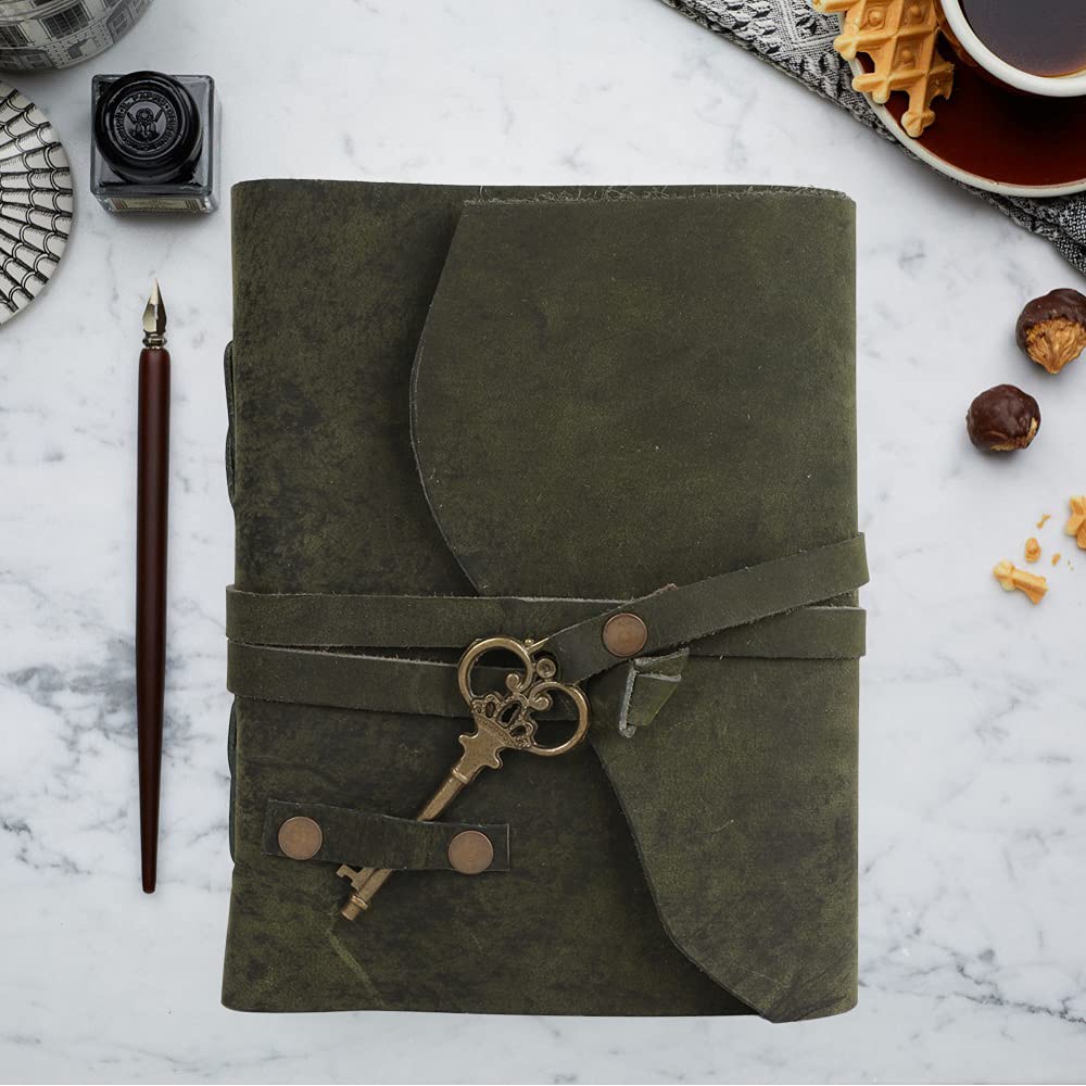Vintage Leather Bound Journal - Handmade Travel Diary Notebook with Key Lock, Unlined Paper for Men & Women (7