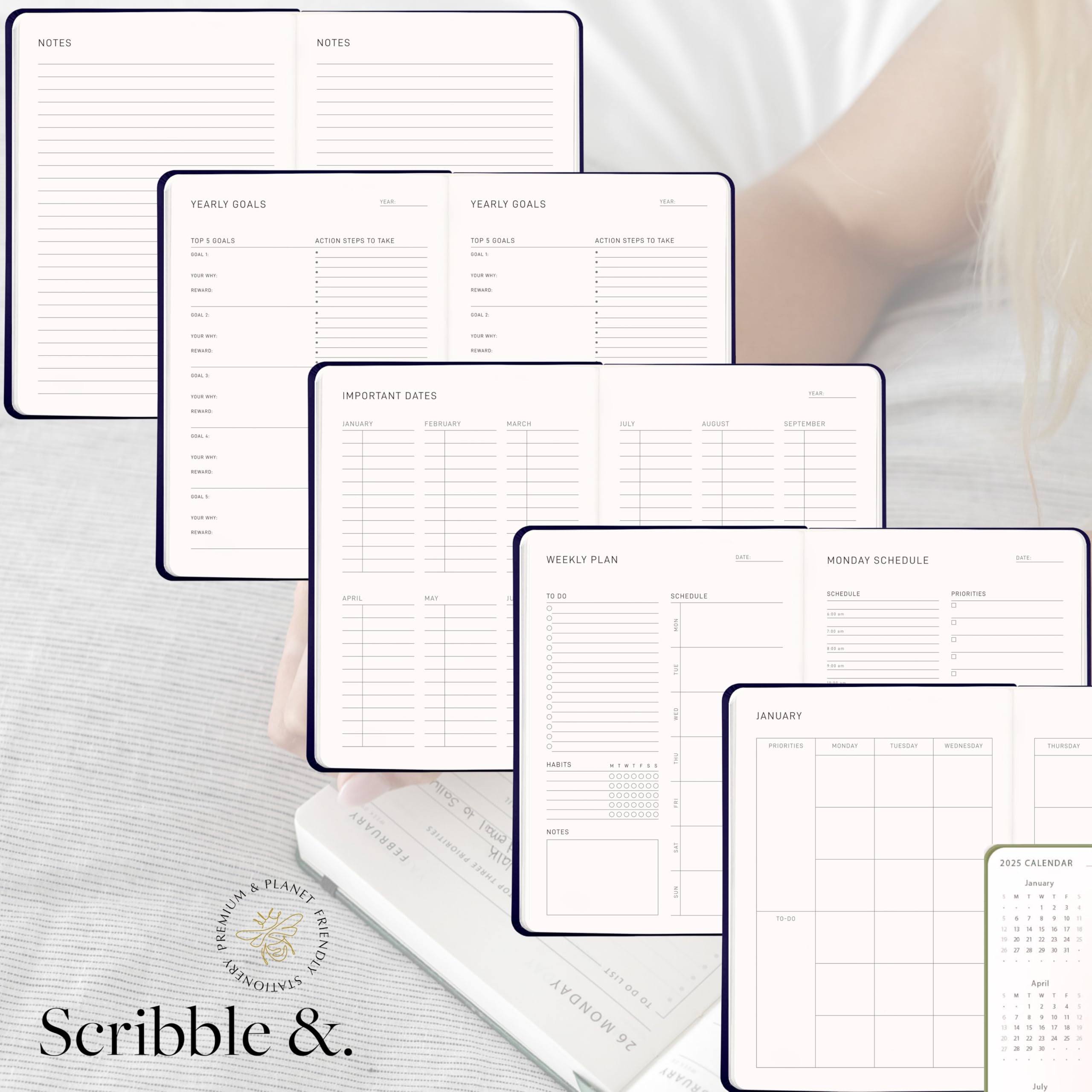 Scribble & Dot® 2025 Daily, Weekly & Monthly Planner - A5 Hardcover Goal Achievement Planner (Blue Sage) | Perfect for Work, School & Personal Organization