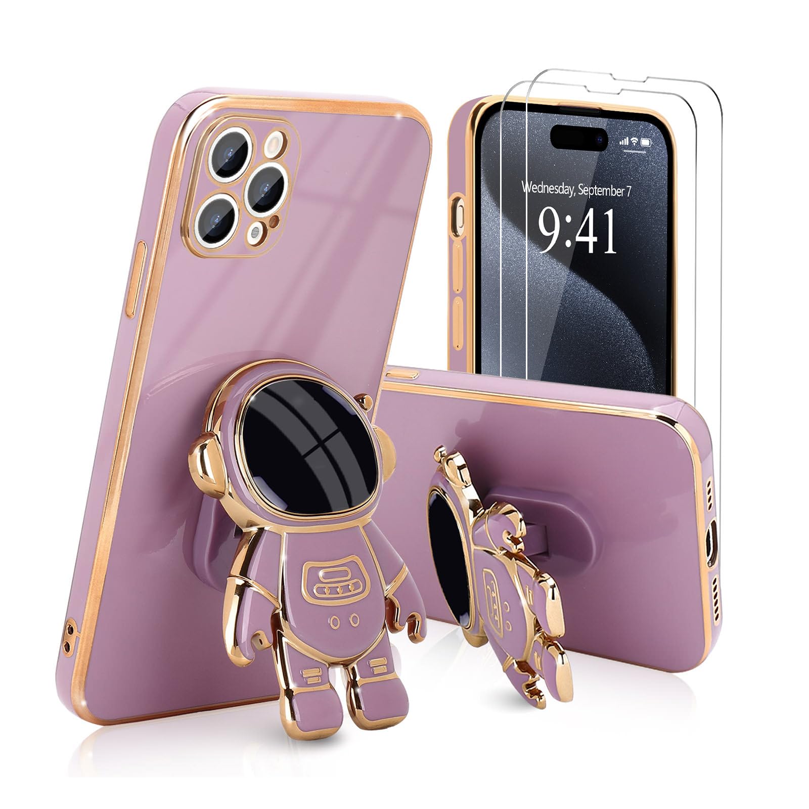 **3D Astronaut Stand Case for iPhone 15 Pro Max - Shockproof Silicone Cover with 2 Screen Protectors & Camera Protection | Kickstand Feature | Cute Purple Design - Perfect for Work, Travel & Everyday Use**