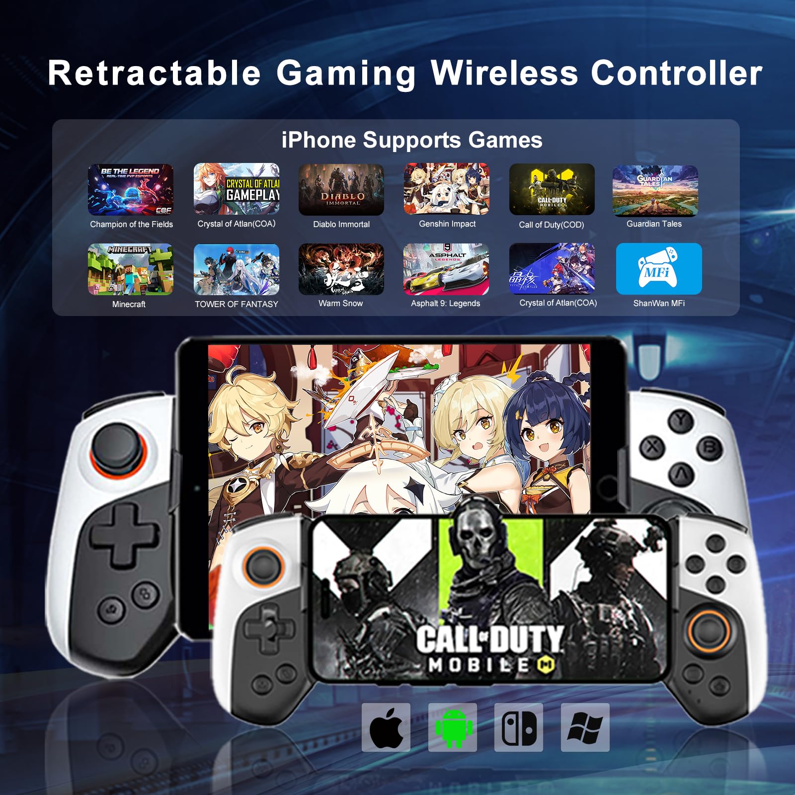 Snail Bear Wireless Gaming Controller - Compatible with iPhone, Android, PC & Nintendo Switch | MFi Certified for Apple Arcade | Retractable Mobile Gamepad for PUBG, Fortnite & Call of Duty Mobile