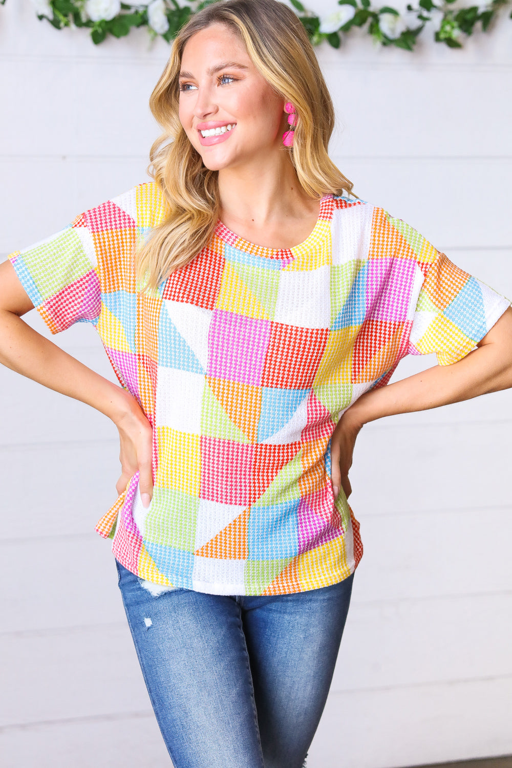 Stylish Multicolor Geometric Textured Knit Top for Women | Trendy Casual & Party Wear | Comfortable & Fashionable Blouse for Everyday Outfits
