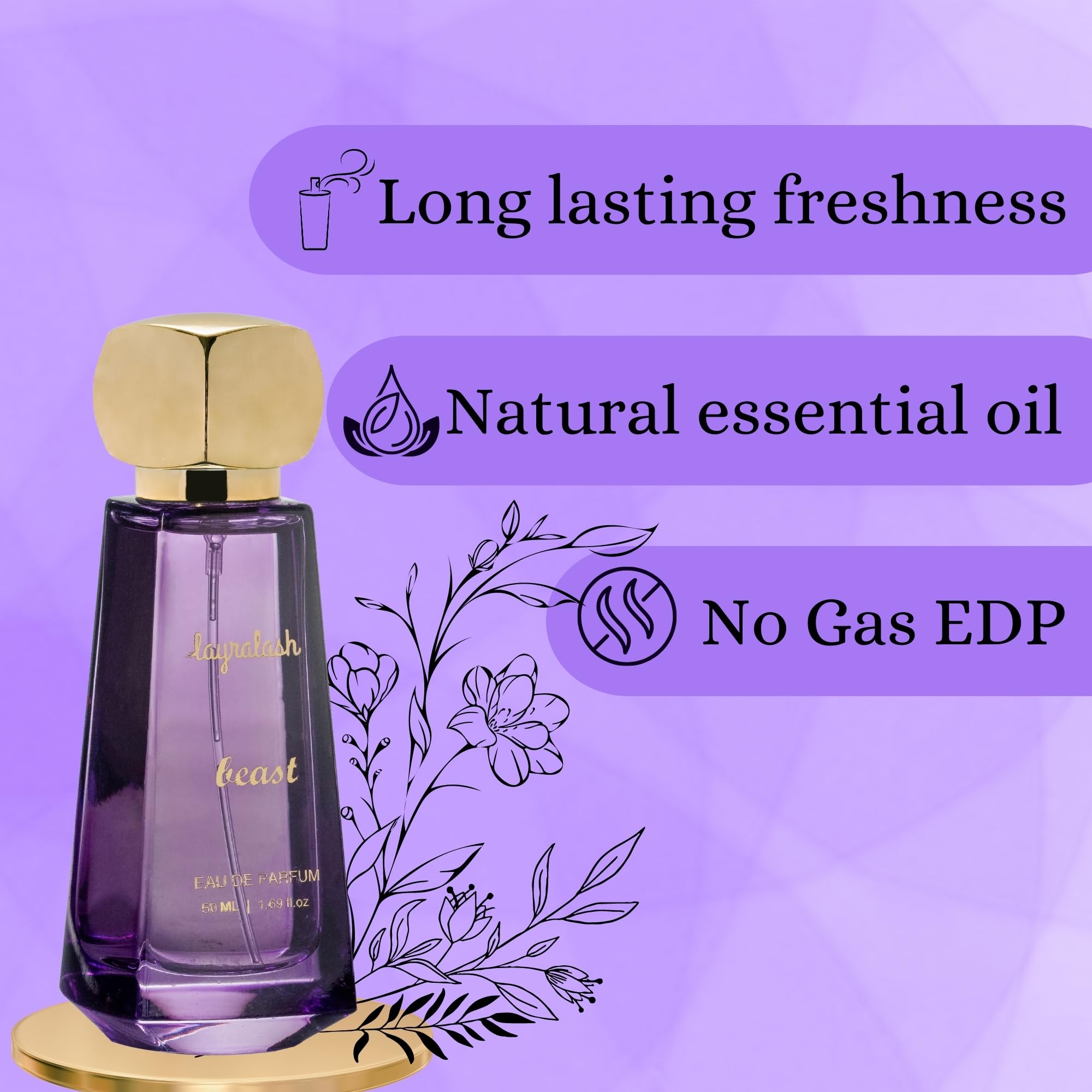 LAYRALASH BEAST Eau De Parfum for Women - 100% Natural Floral Perfume | Skin-Friendly Daily Fragrance | 50ml | Perfect for Work, Date Night & Special Occasions