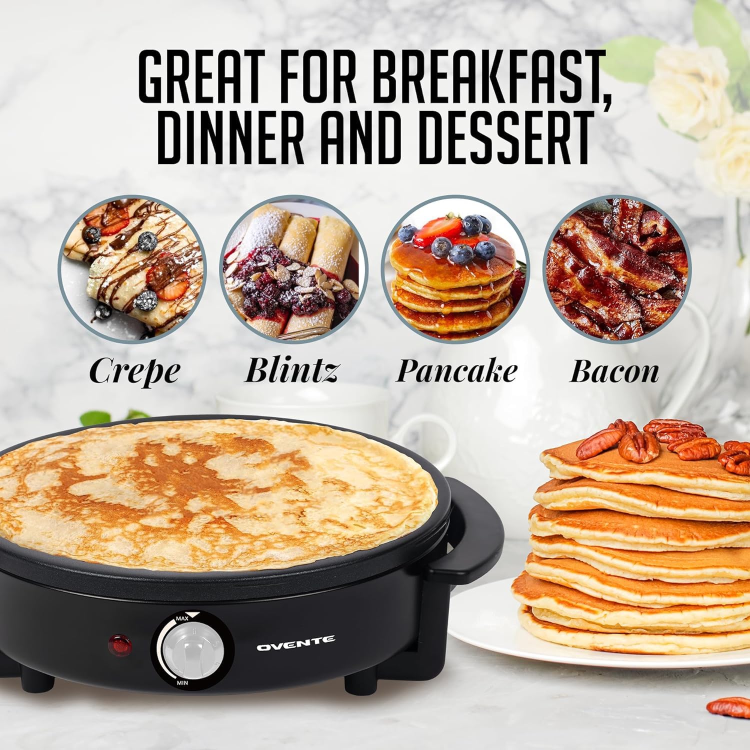OVENTE 12-Inch Nonstick Electric Crepe Maker & Pancake Griddle with Adjustable Temperature Control, LED Indicator - Perfect for Breakfast, Brunch & Dessert Making at Home - Includes Wooden Spatula & Batter Spreader (Black, Model CRM1122B)
